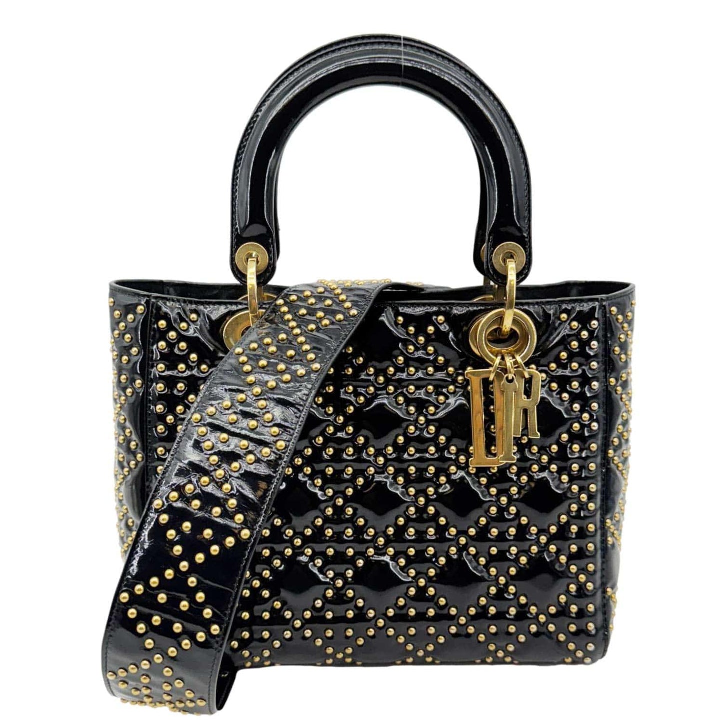 Dior Lady Studded Cannage Patent Crossbody Bag Leather Black