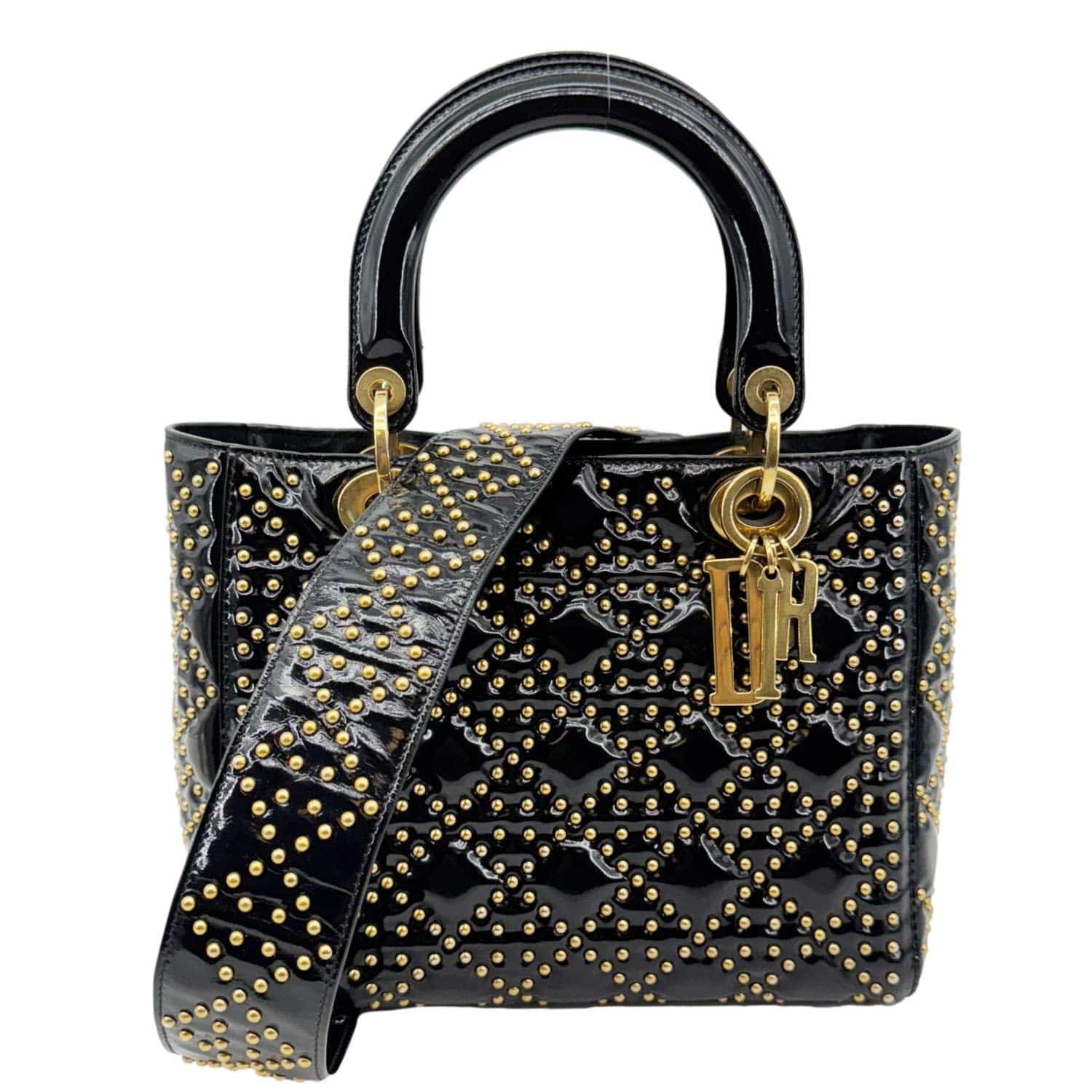 Dior Lady Studded Cannage Patent Crossbody Bag Leather Black