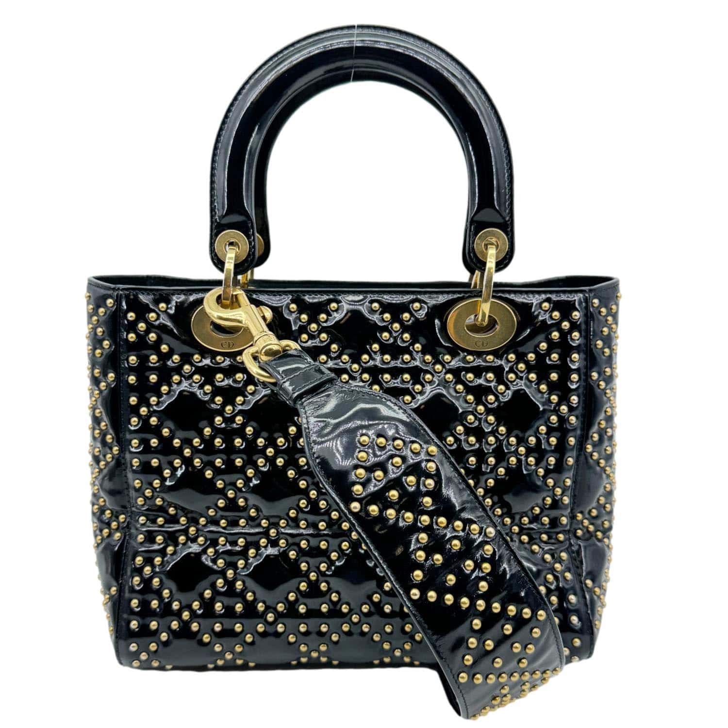 Dior Lady Studded Cannage Patent Crossbody Bag Leather Black