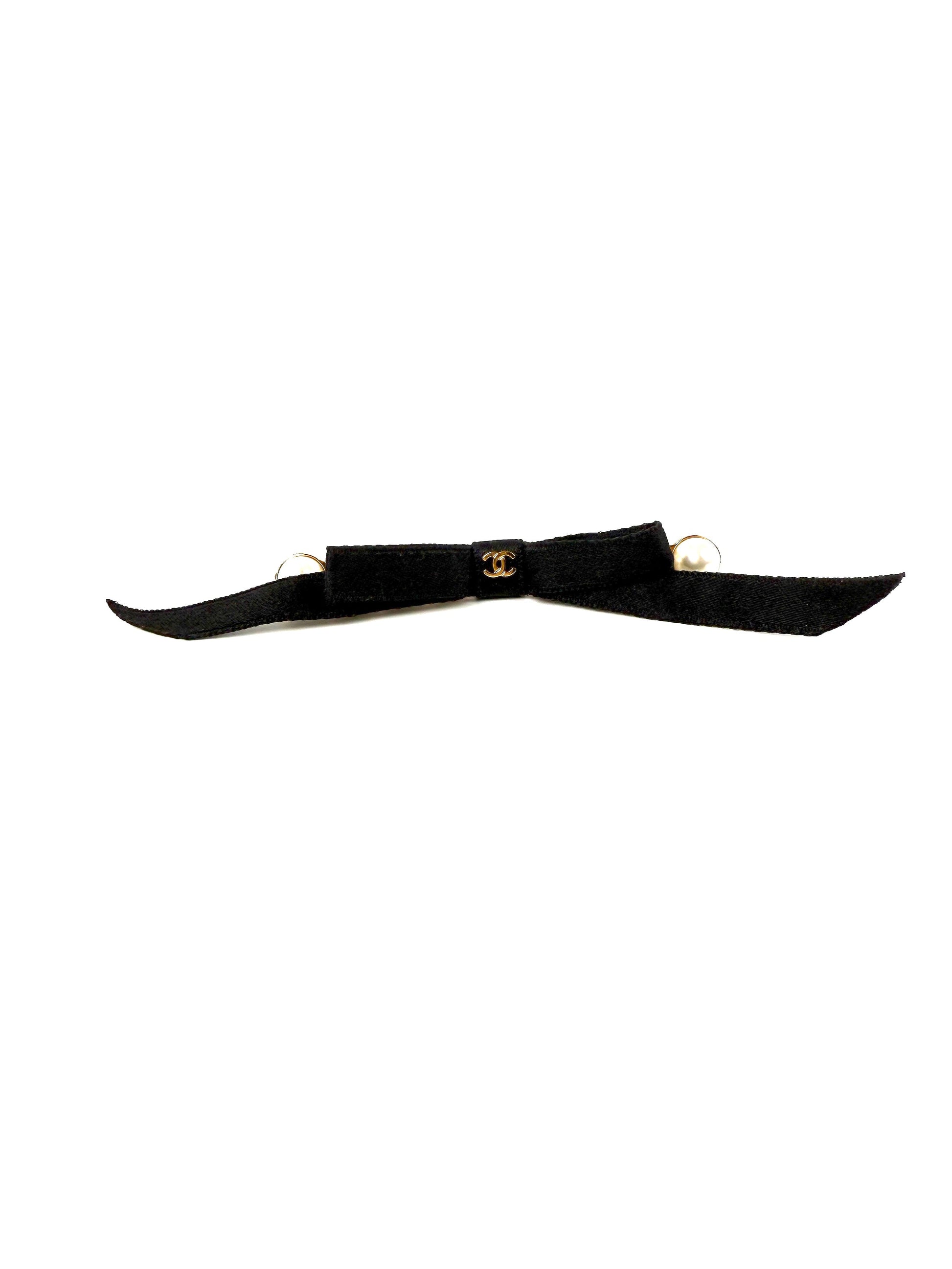 Chanel Black Faux Pearl Bow Cc Logo Gold Hardware Hair Barrette Clip Bag
