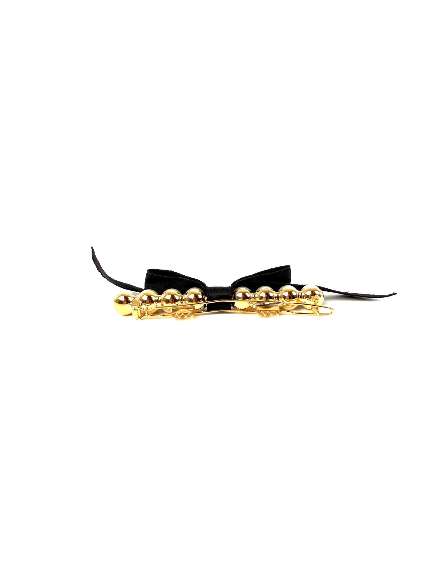 Chanel Black Faux Pearl Bow Cc Logo Gold Hardware Hair Barrette Clip Bag