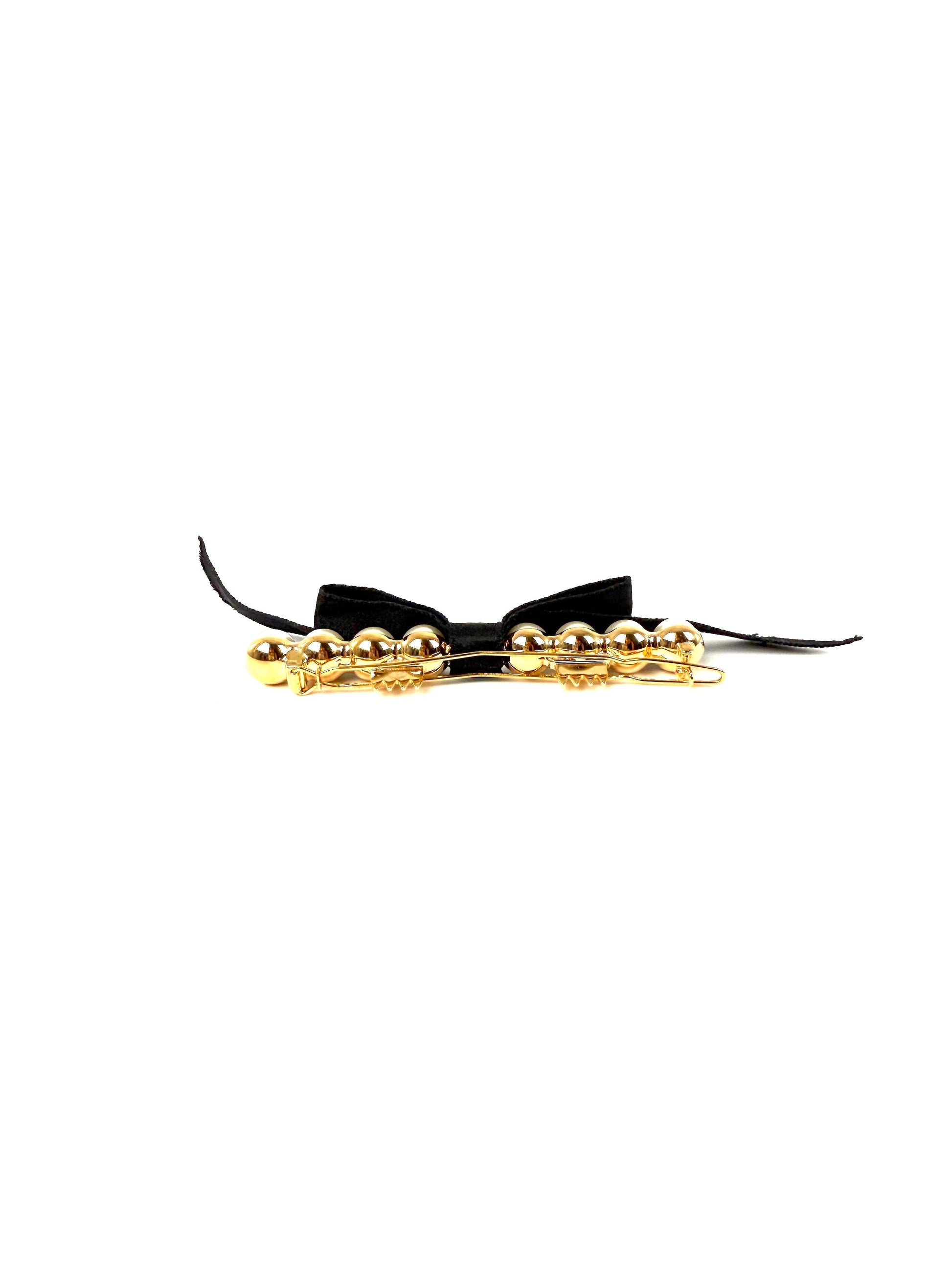 Chanel Black Faux Pearl Bow CC Logo 2025 Gold Hardware Hair Barrette Clip Handbag
