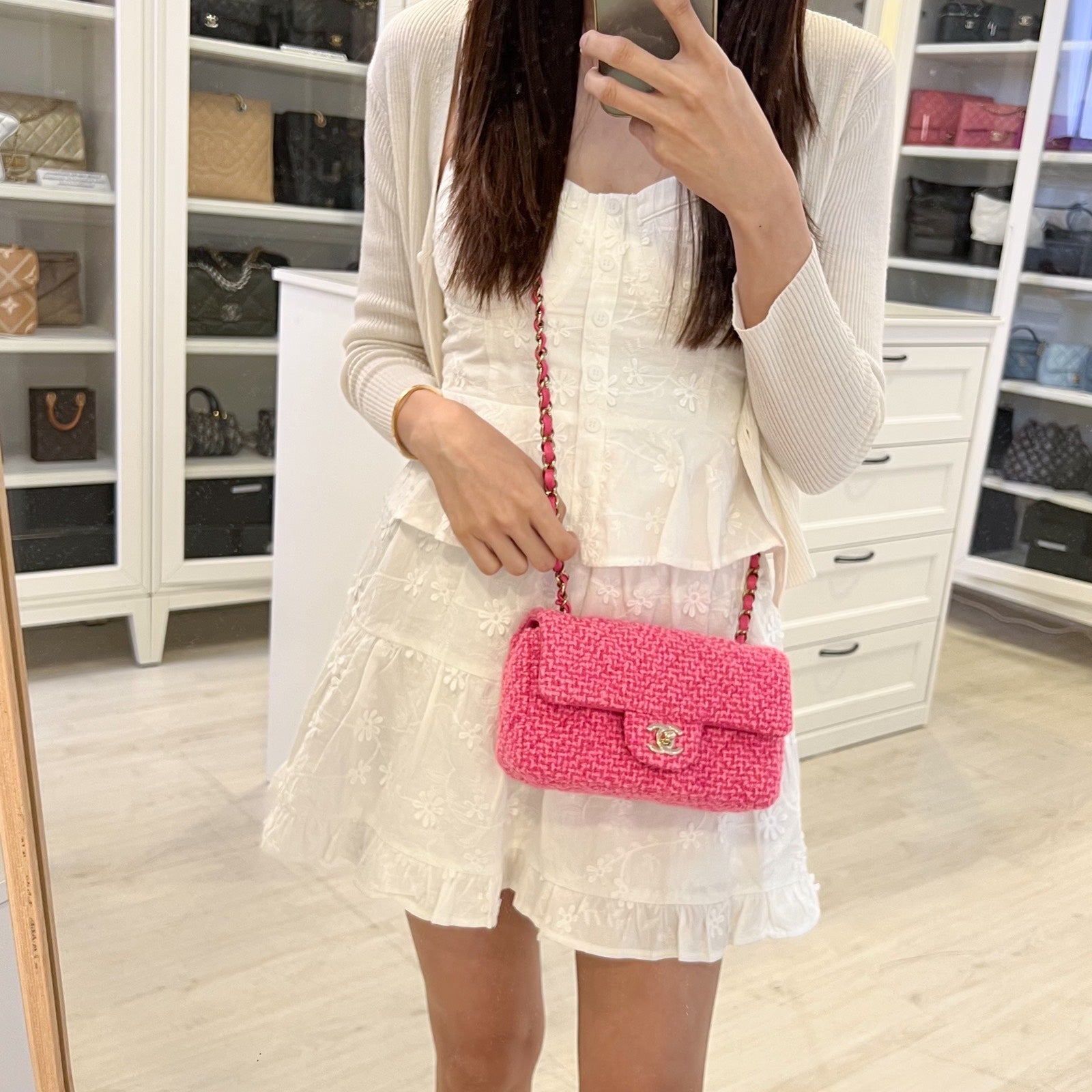 Chanel Classic Mini Rectangle Flap Bag In Pink Tweed And Lghw