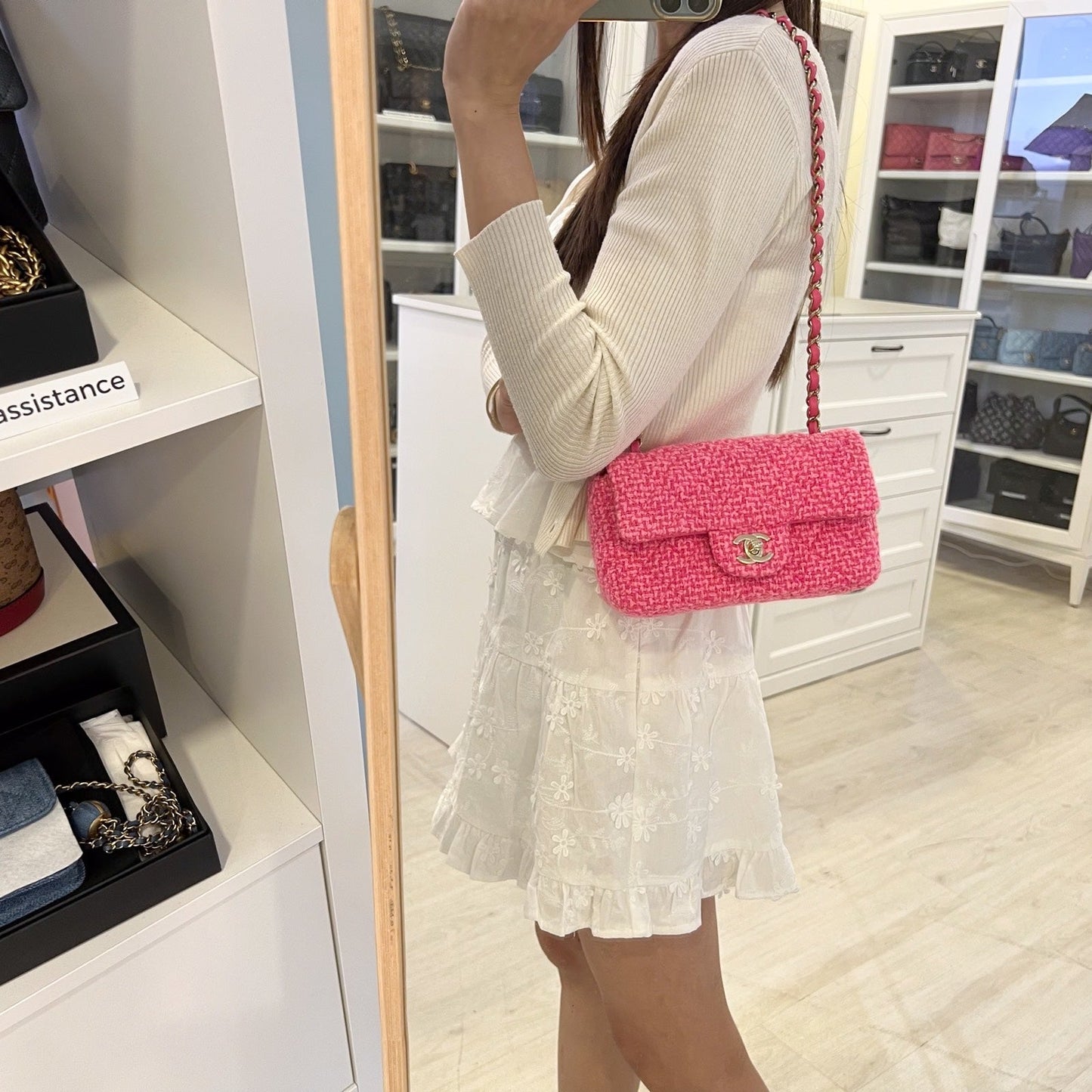 Chanel Classic Mini Rectangle Flap Bag in Pink Tweed and Lghw