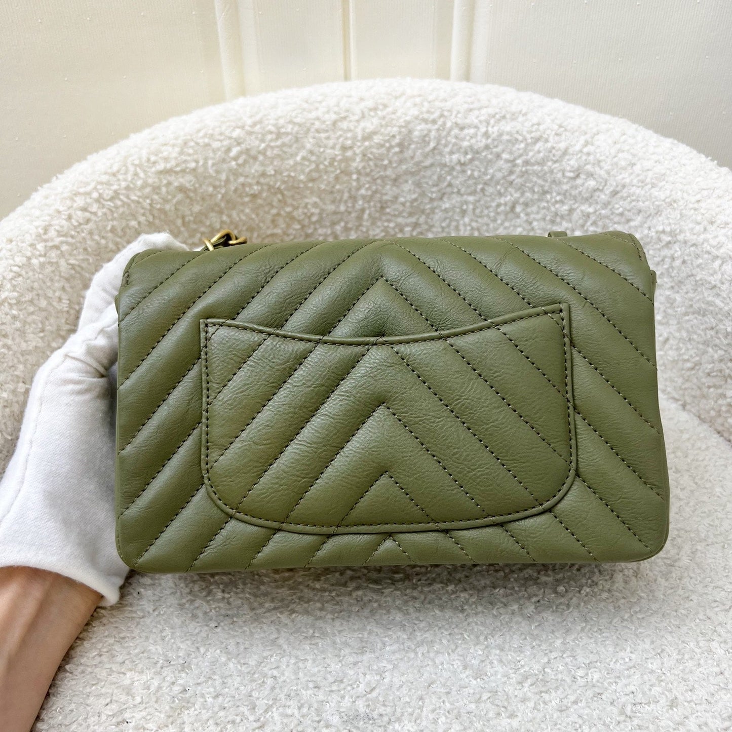 Chanel Classic Mini Rectangular Flap in Chevron Quilted Moss Green Distressed Calfskin and Aghw Handbag