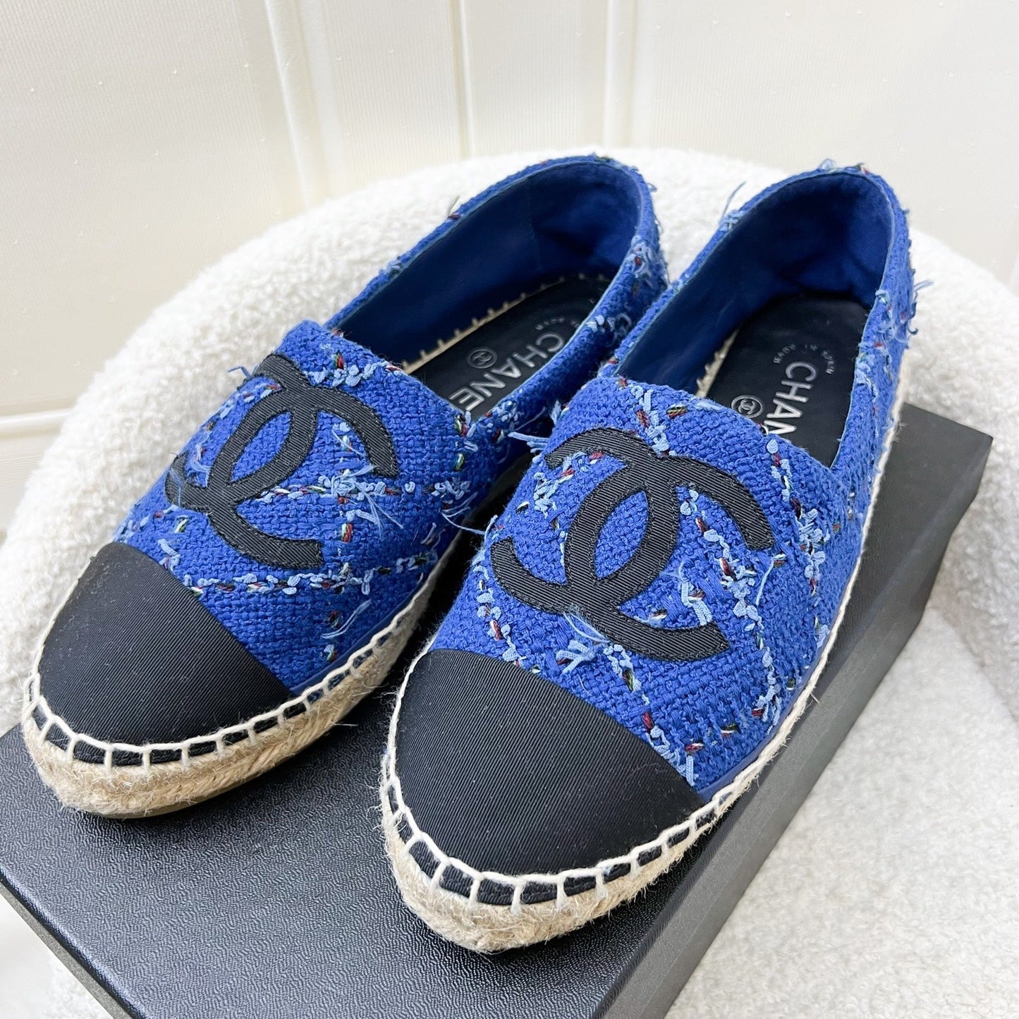 Chanel Espadrilles in Blue Tweed and Black Gosgrain Sz 37 Handbag