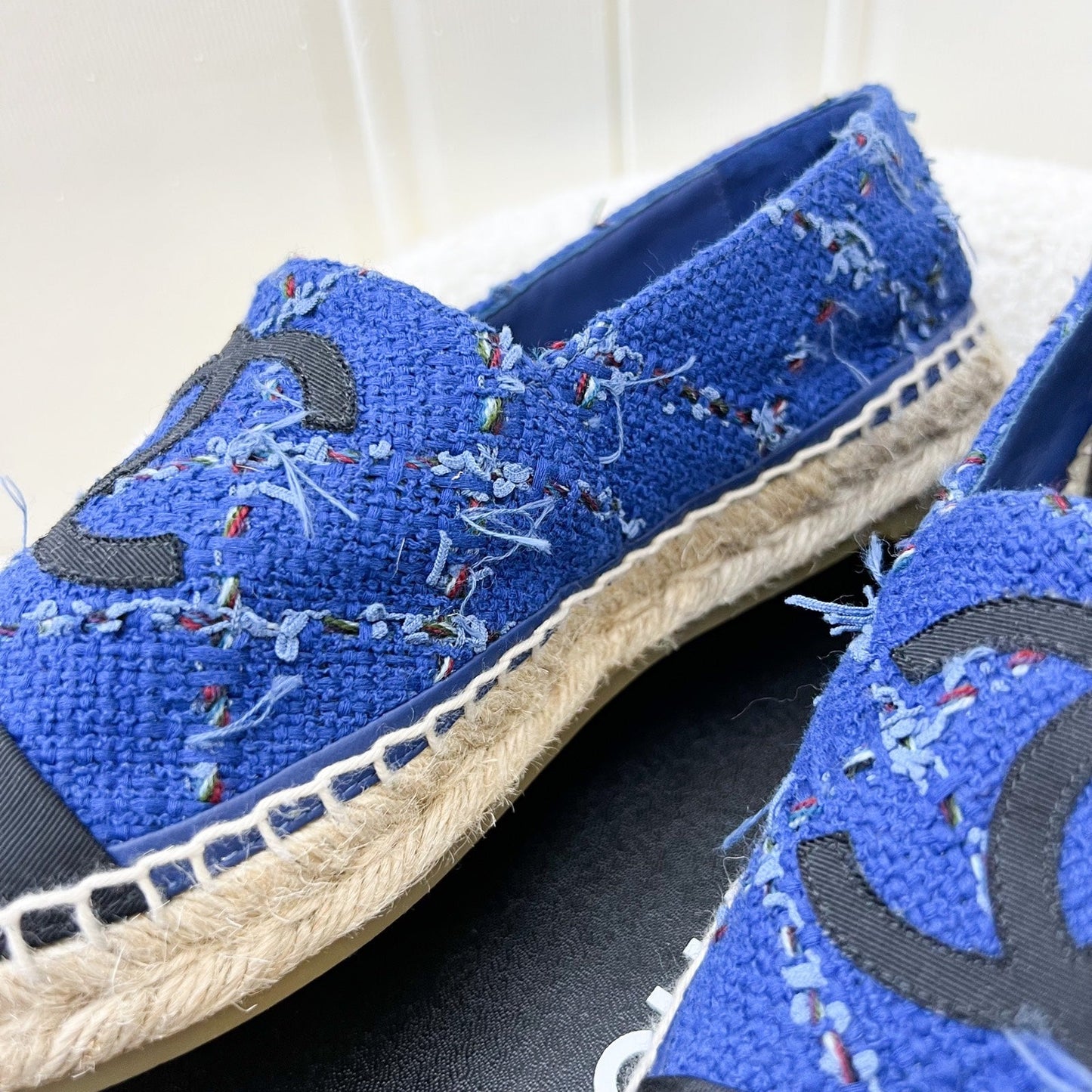 Chanel Espadrilles in Blue Tweed and Black Gosgrain Sz 37 Handbag