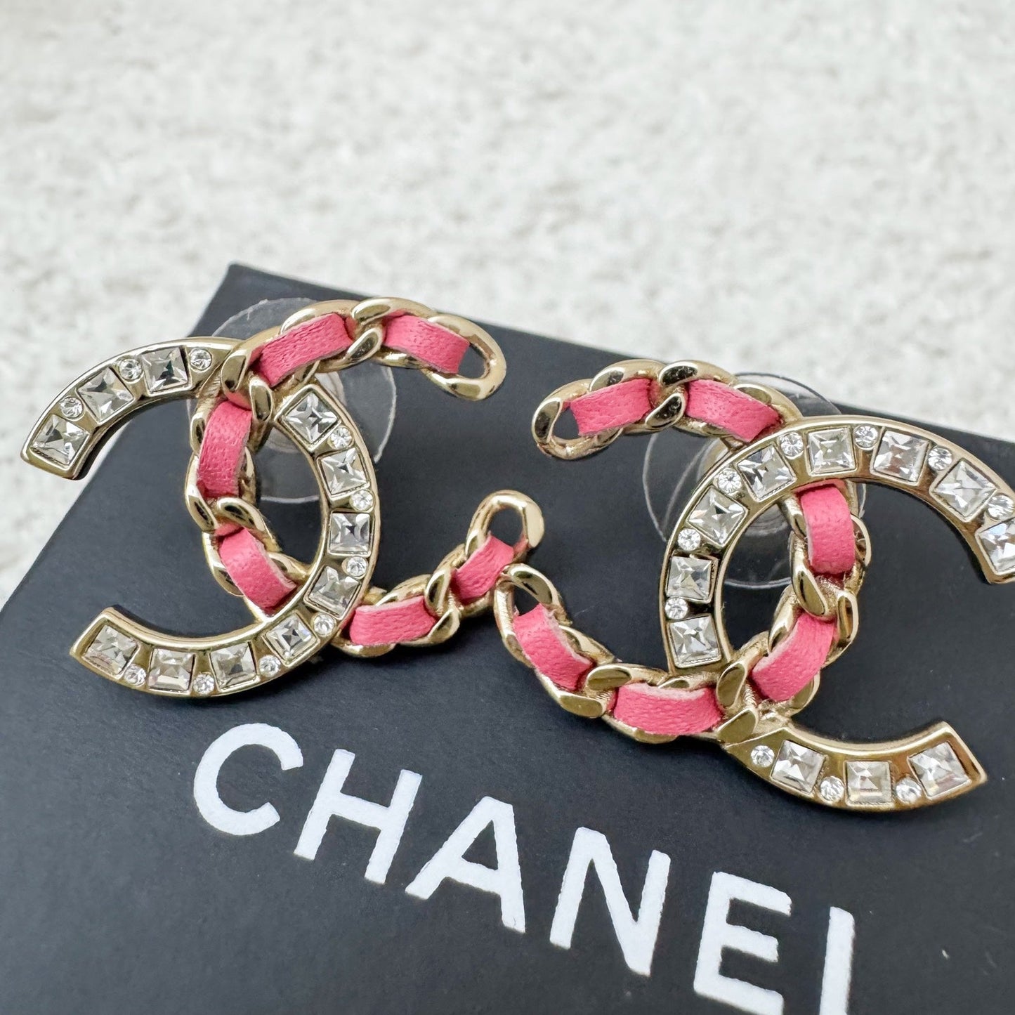 Chanel Medium CC Logo Earrings with Pink Leather and Crystals in Lghw