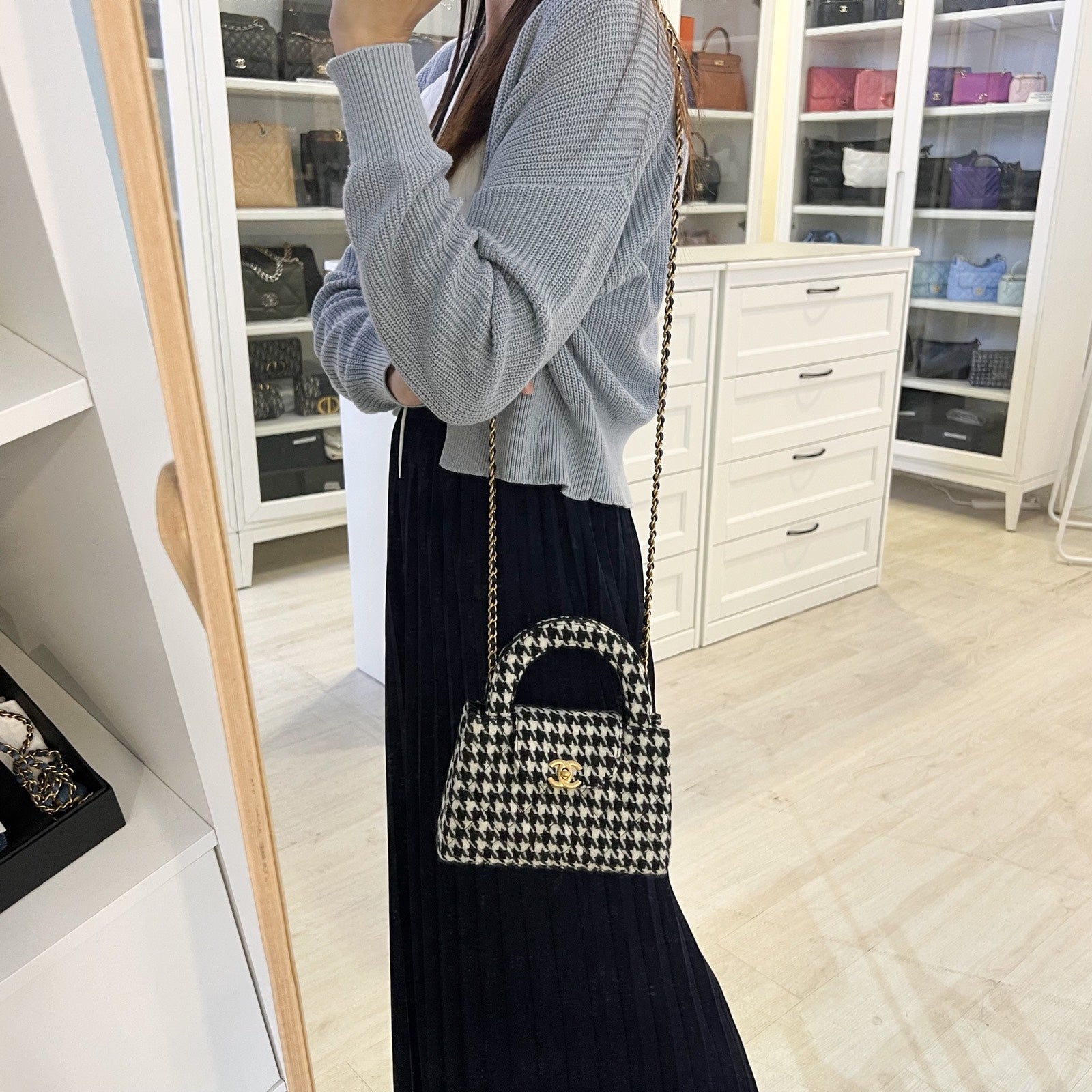Chanel Mini / Small Kelly Bag In 24A Houndstooth Tweed And Aghw