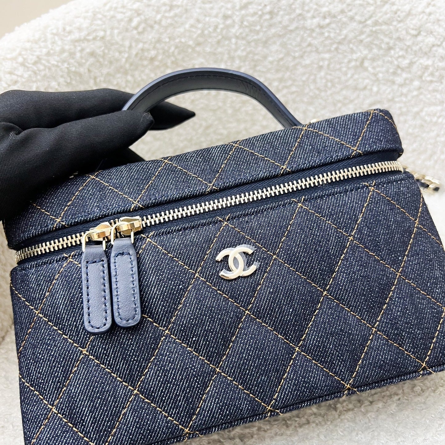 [Local Set - Jan 2026] Chanel 26P Vanity / Clutch with Chain (LP Style Bag) in Dark Blue Denim and LGHW (Model: AP4385)
