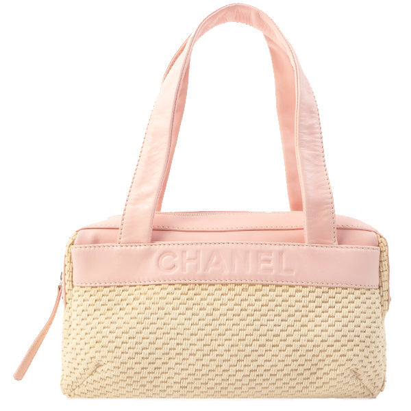 Chanel Around 2005 Made Cotton Leather Combination Logo Embossed Top Handle Beige/pink