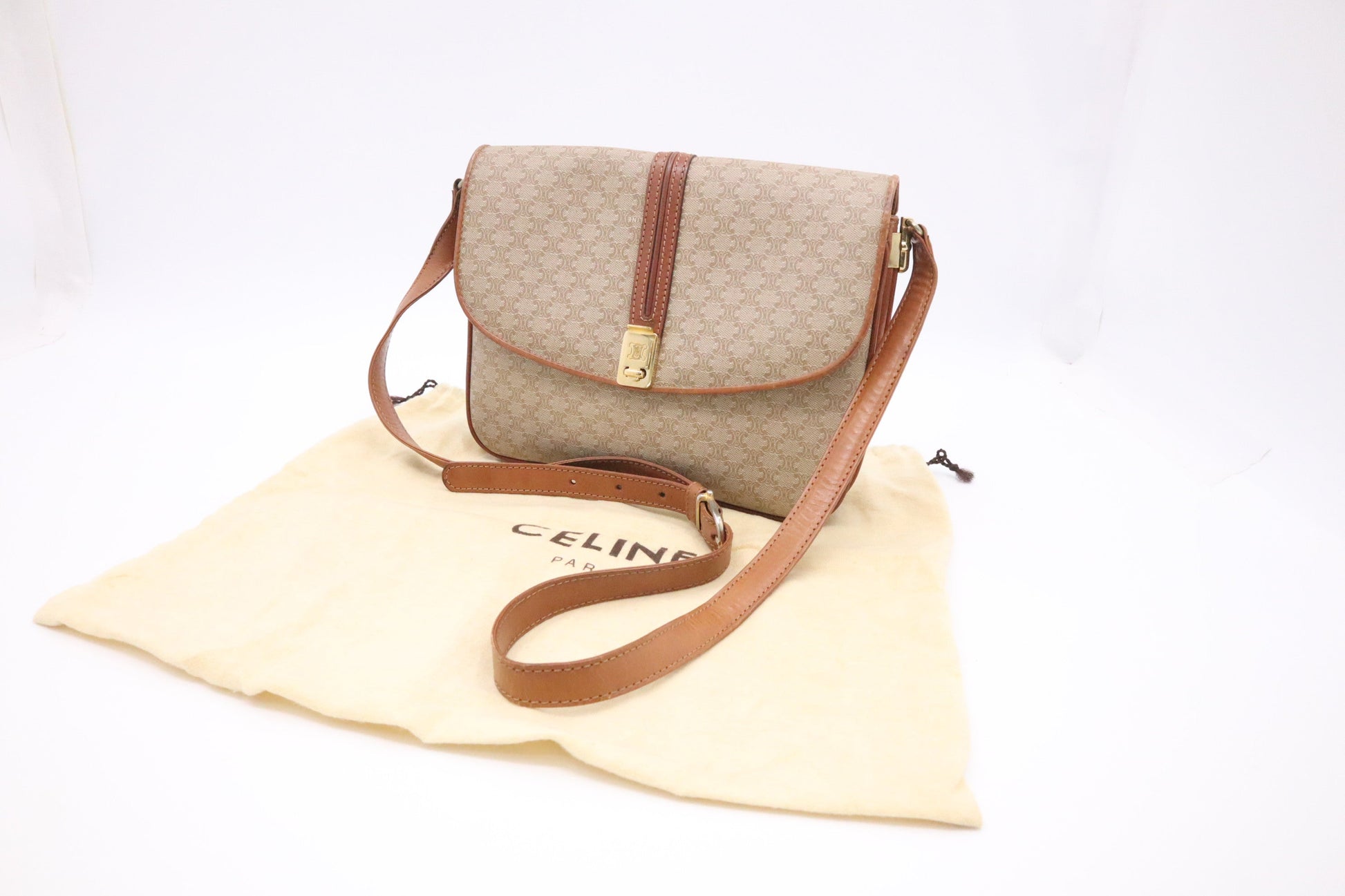 Celine Crossbody Bag In Macadam Canvas Beige