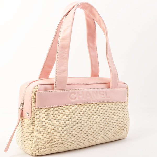 Chanel Around 2005 Made Cotton Leather Combination Logo Embossed Top Handle Beige/pink