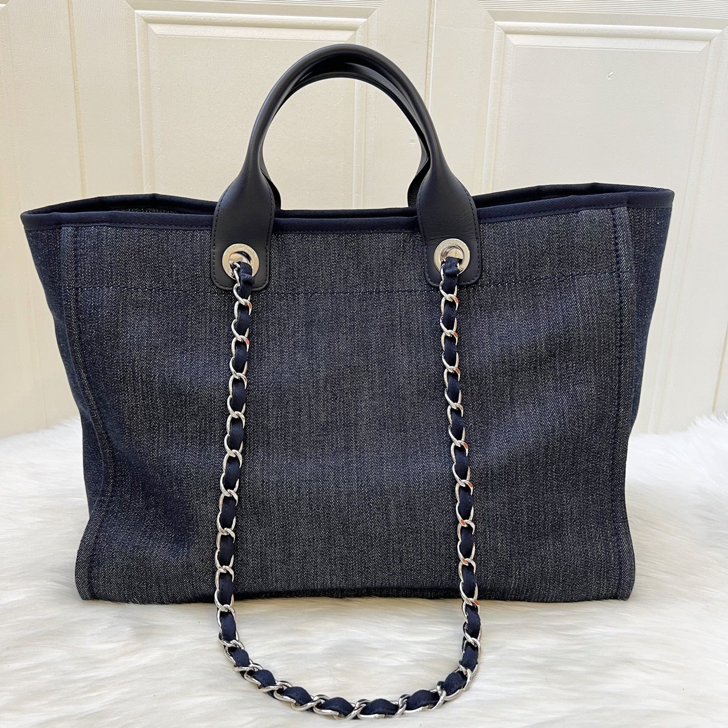 Chanel Medium / Large Deauville Tote in Denim Fabric, Navy Leather Trim and SHW (Model: A66941)