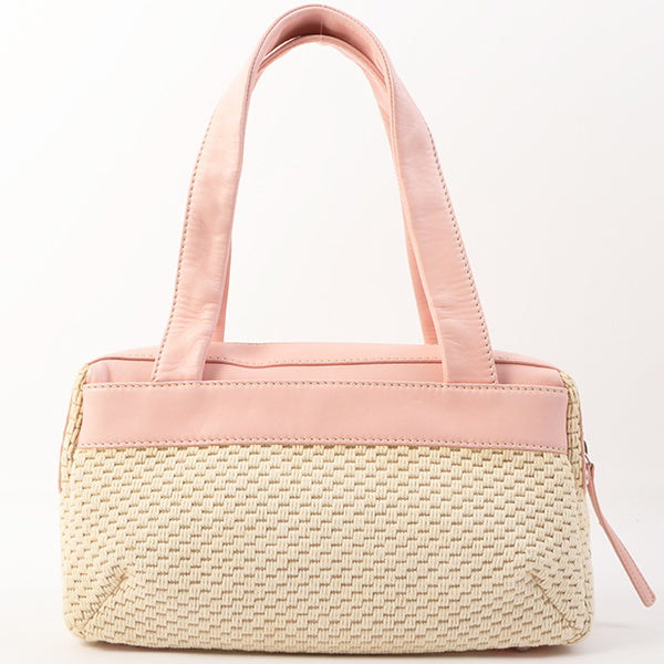 Chanel Around Made Cotton Leather Combination Logo Embossed Top Handle Bag Beige/Pink