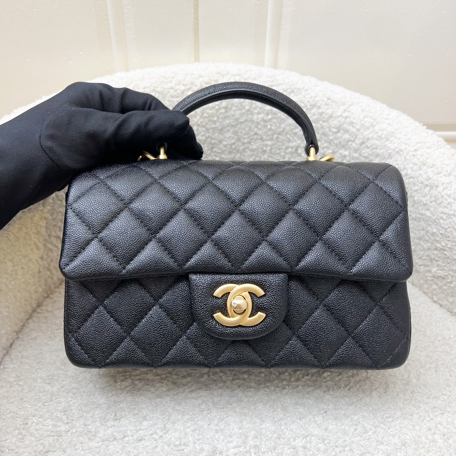 Chanel Top Handle Mini Rectangle Flap in 21S Black Caviar and Aghw Handbag