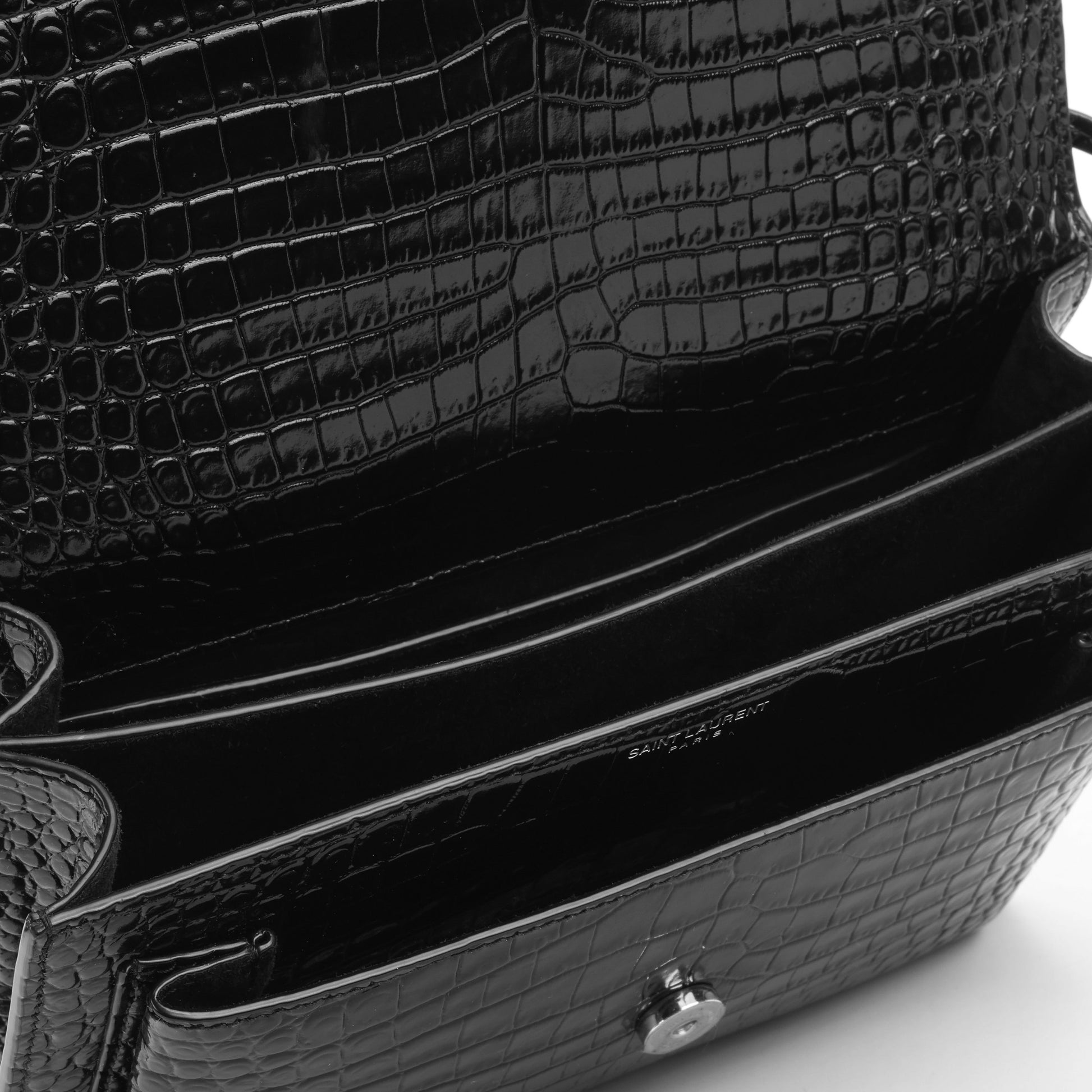 YSL Saint Laurent Sunset Croc Crossbody Bag Black Medium Embossed Embossed Shw Un