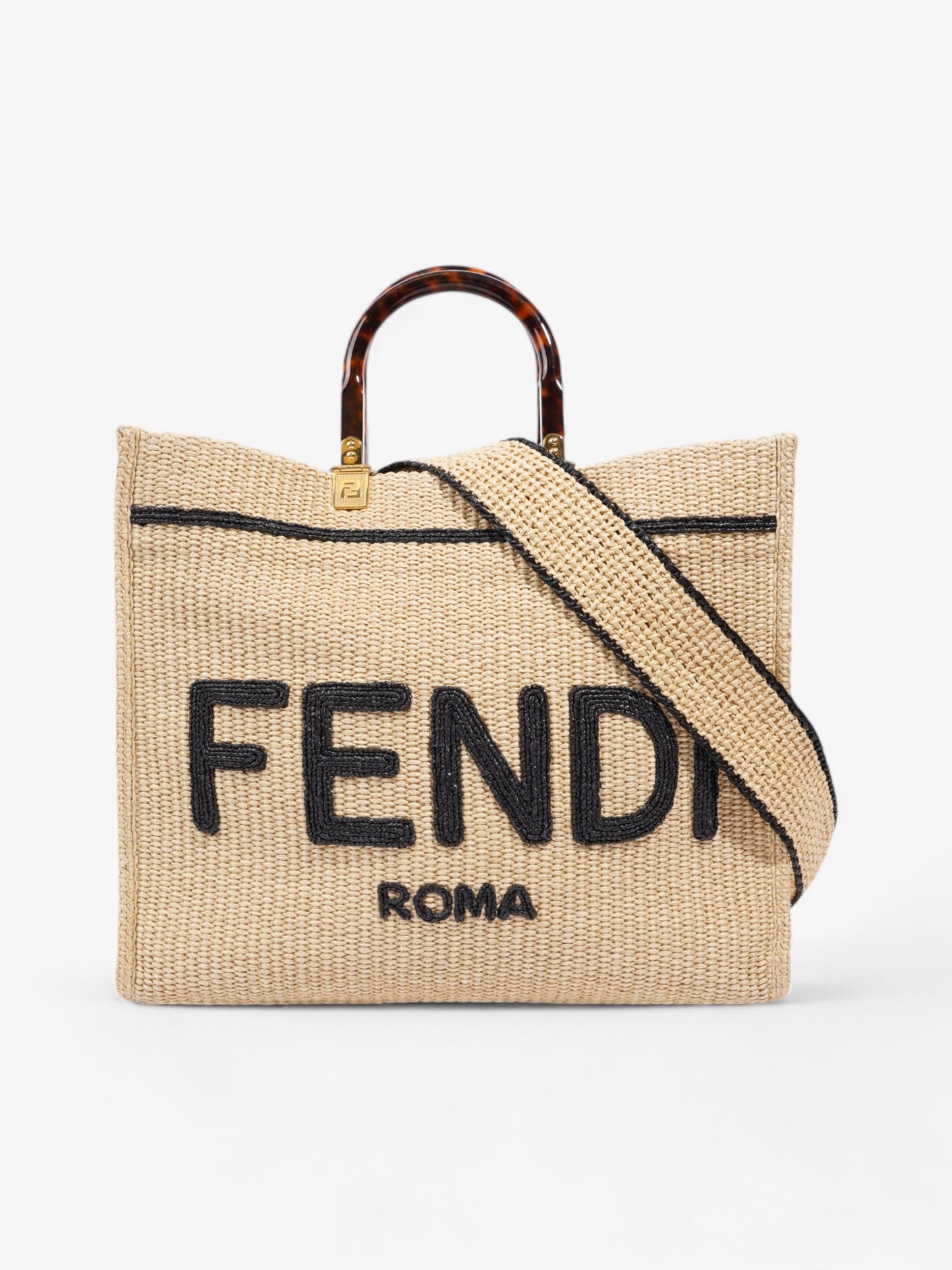 Fendi Sunshine Tote Bag Natural Wicker Black Brown Shoulder Bag
