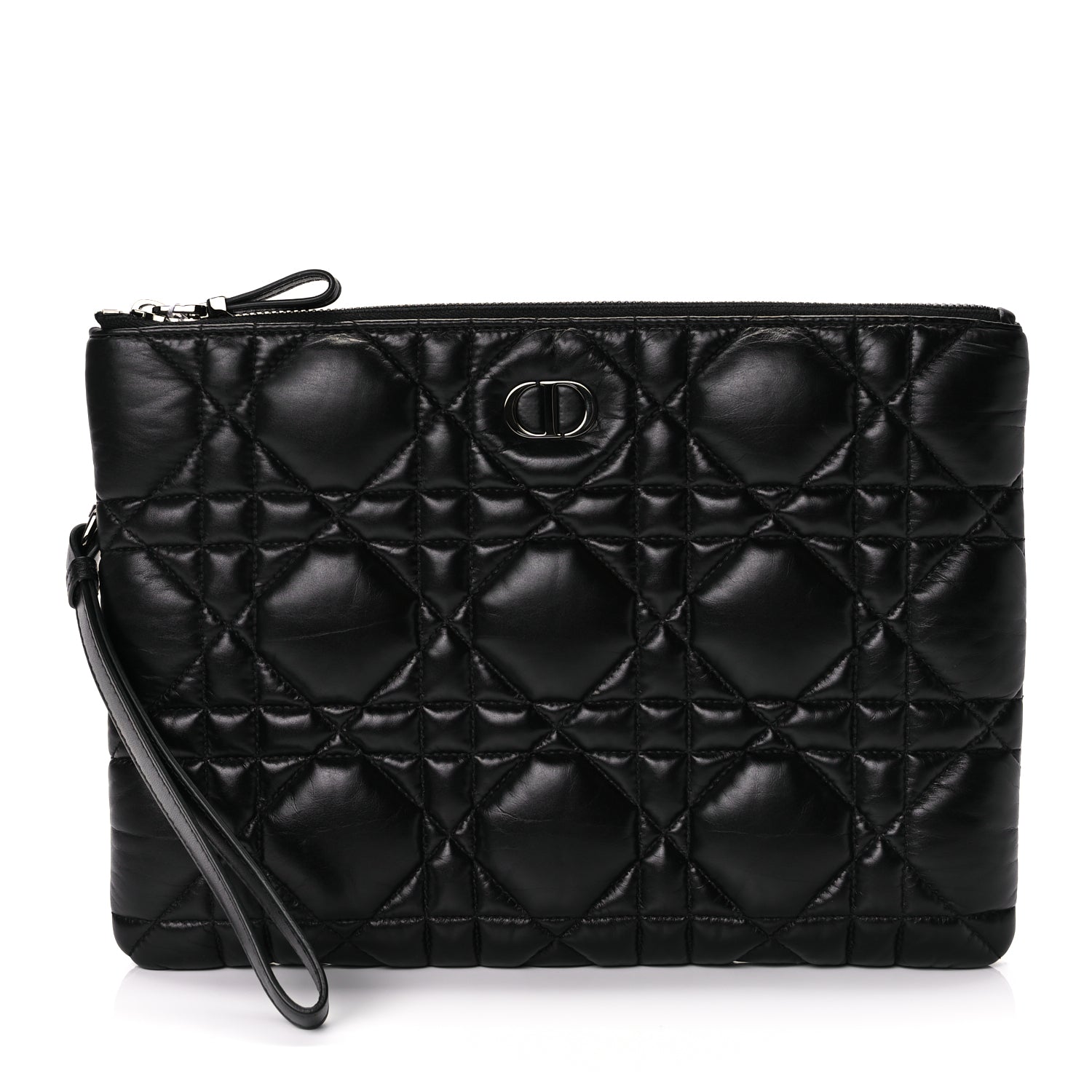 Dior Handbag Christian Supple Calfskin Cannage Caro Daily Pouch Leather Black