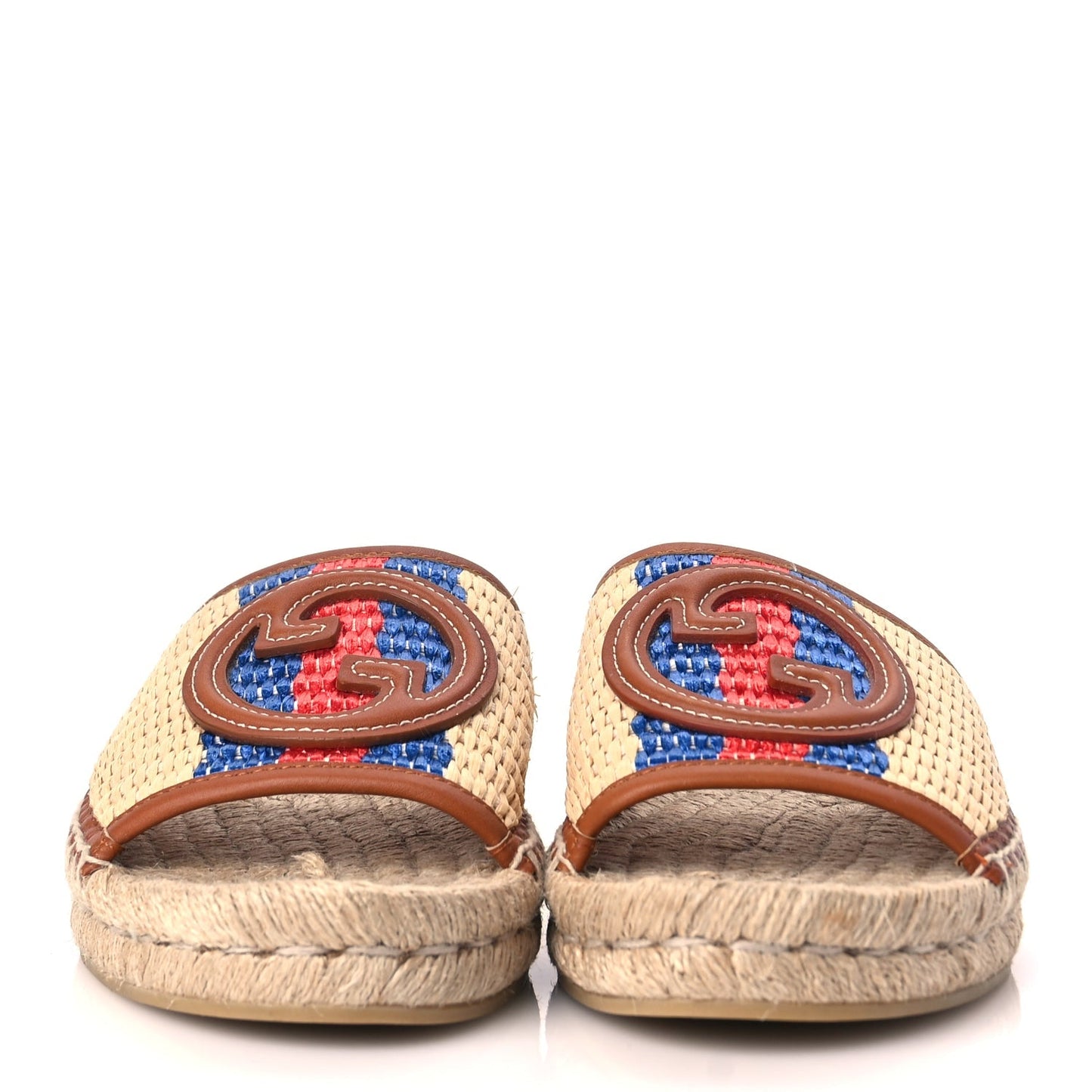 Gucci Raffia Interlocking G Flat Slide Espadrille Sandals 38.5 Harness Brown