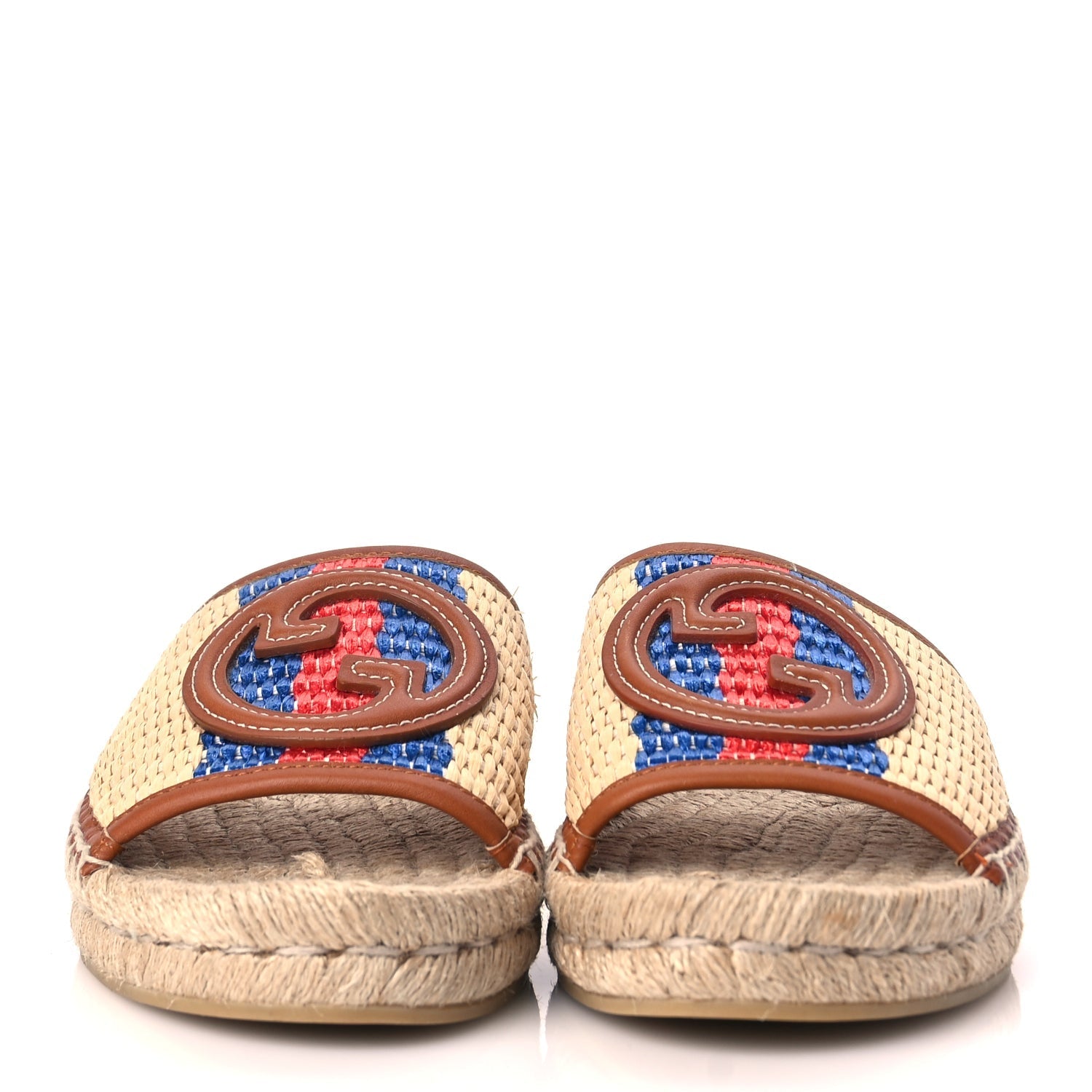 Gucci Raffia Interlocking G Flat Slide Espadrille Sandals 38.5 Harness Brown