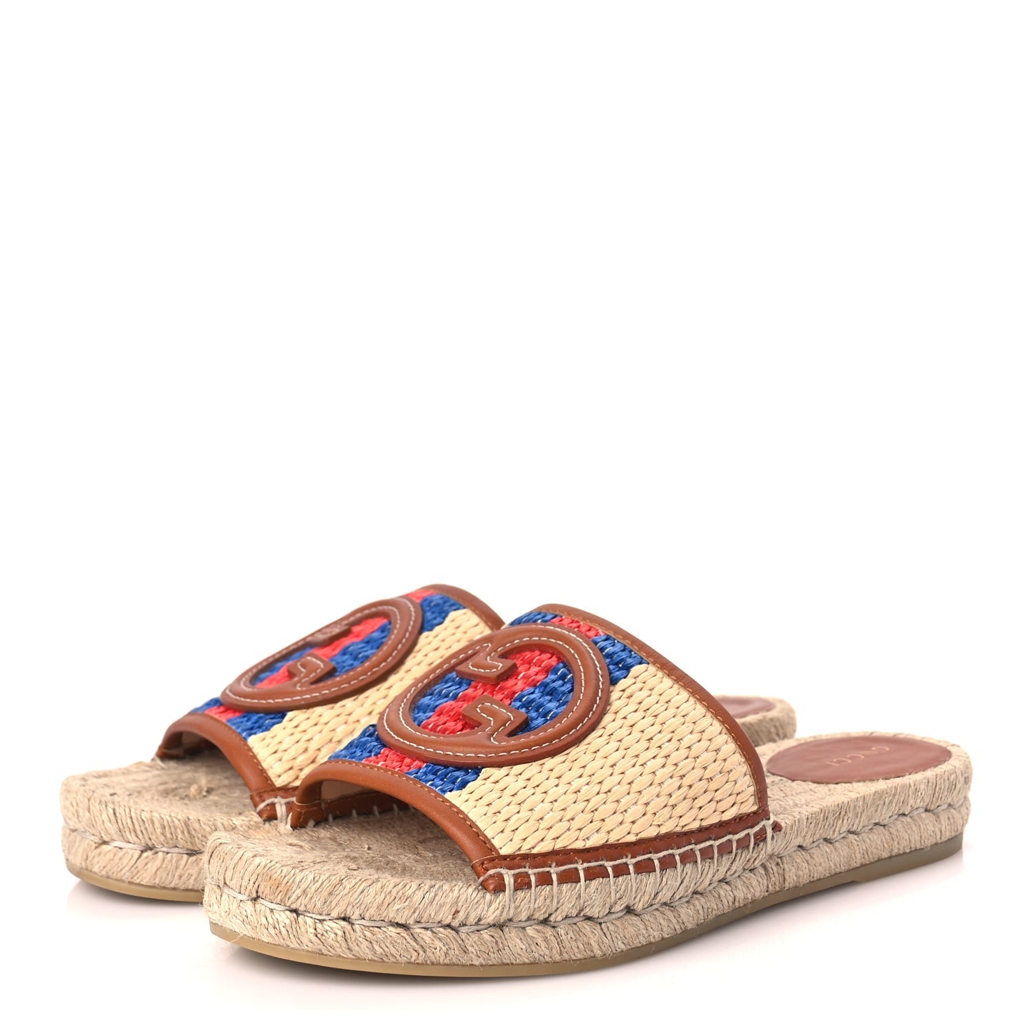Gucci Raffia Interlocking G Flat Slide Espadrille Sandals 38.5 Harness Brown
