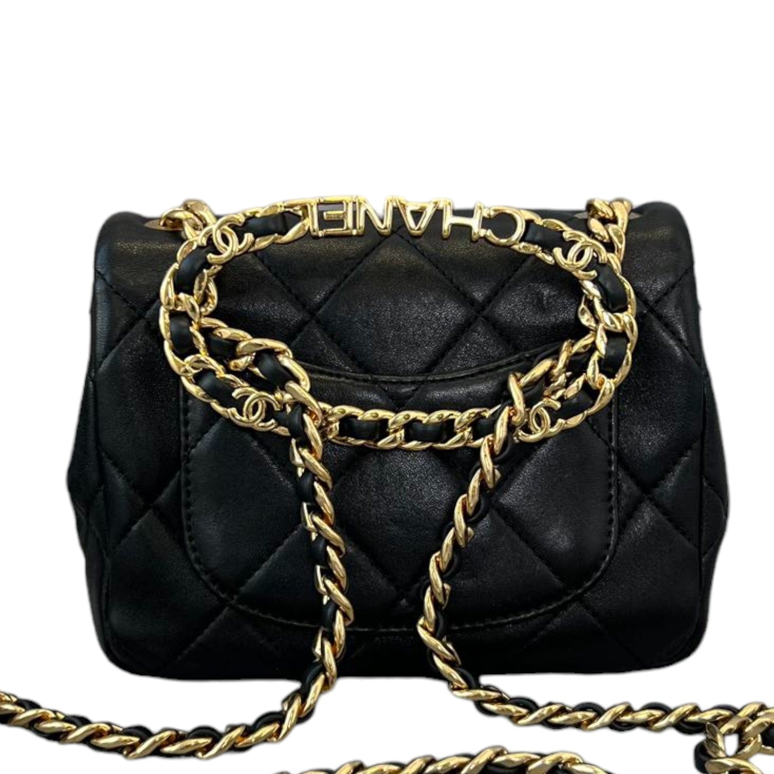 Chanel Flap with Logo Top Handle Lambskin GHW Leather Black Shoulder Bag