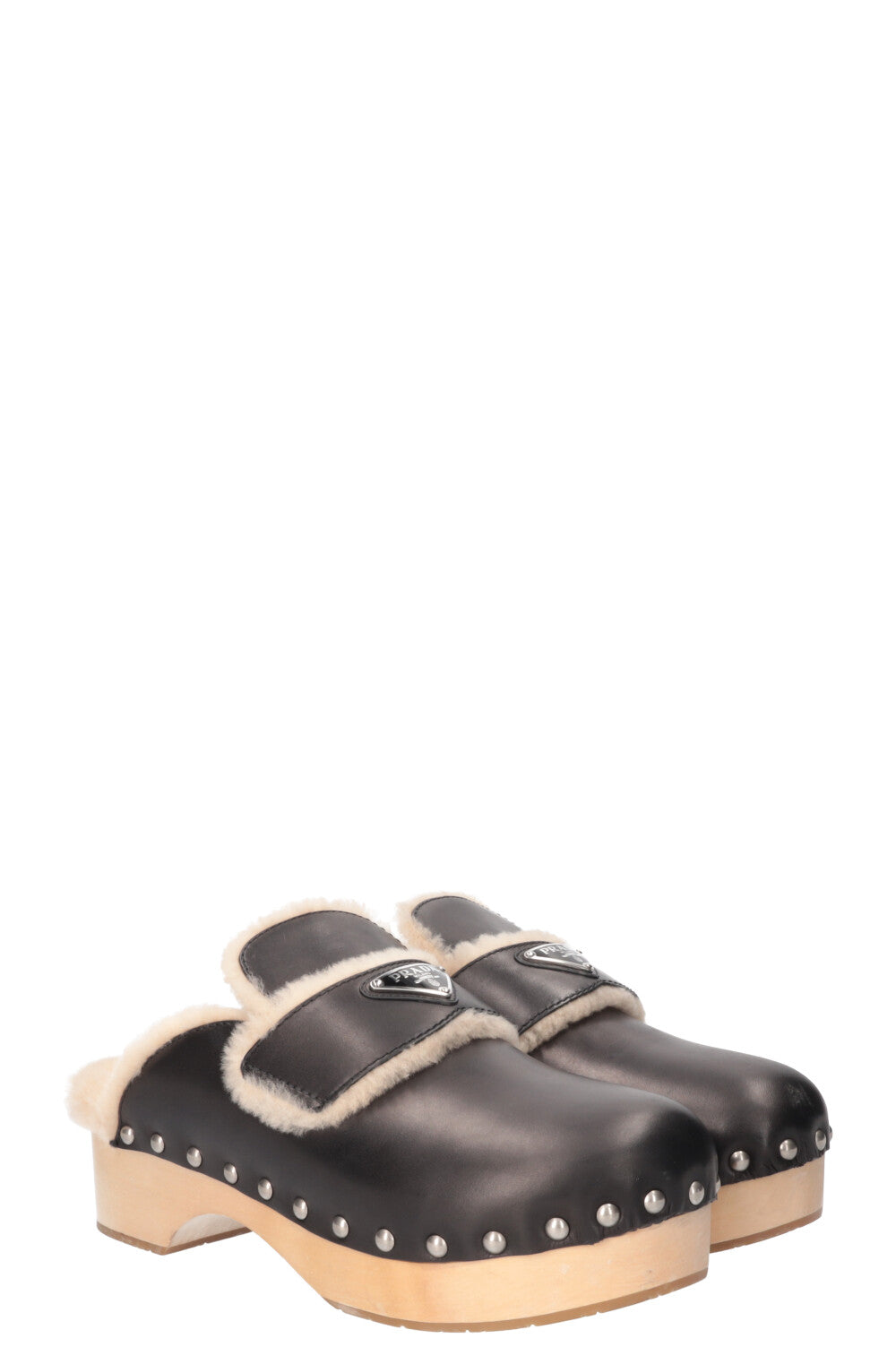 Prada Shearling Clogs Black Logo Shoes