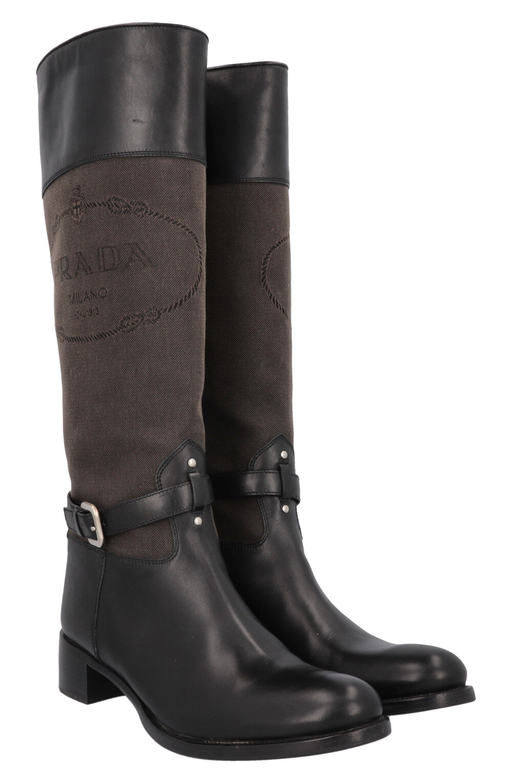 Prada Knee High Boots Leather Canvas Logo Shoes