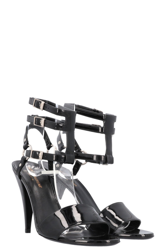 YSL Saint Laurent Cage Strap Heels Patent Black Shoes