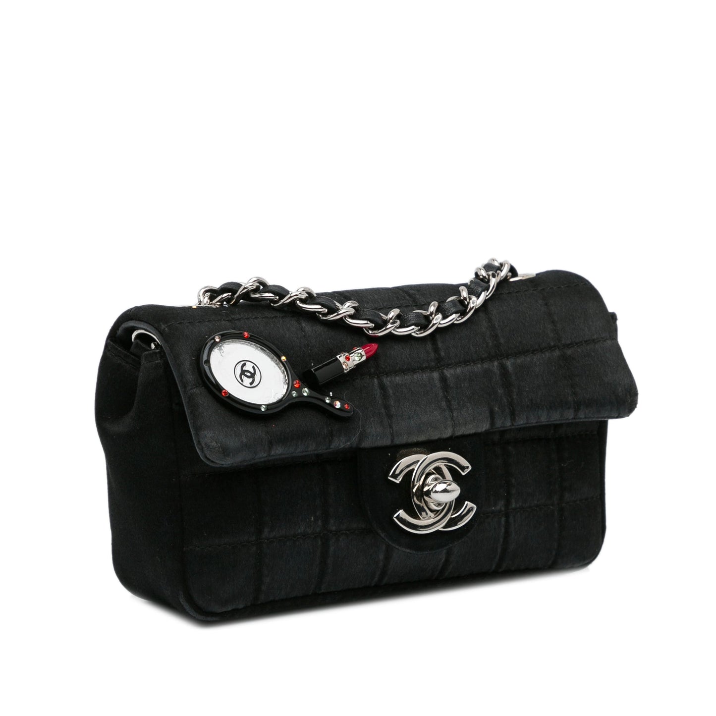 Black Chanel Extra Mini Satin Choco Bar Charms Flap Bag