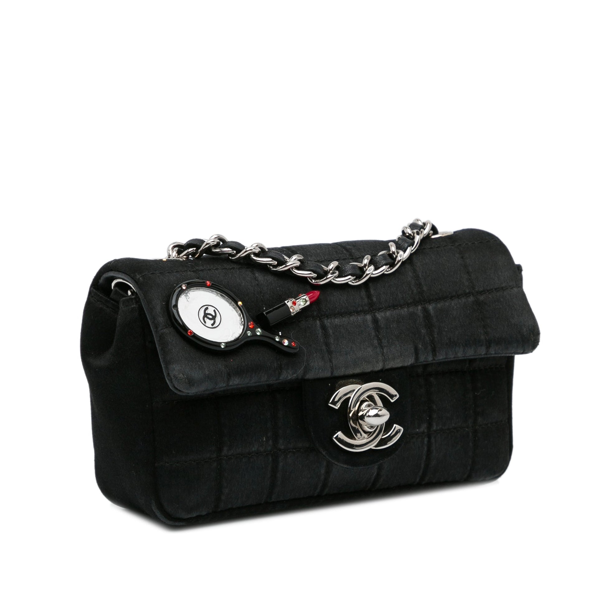 Black Chanel Extra Mini Satin Choco Bar Charms Flap Bag