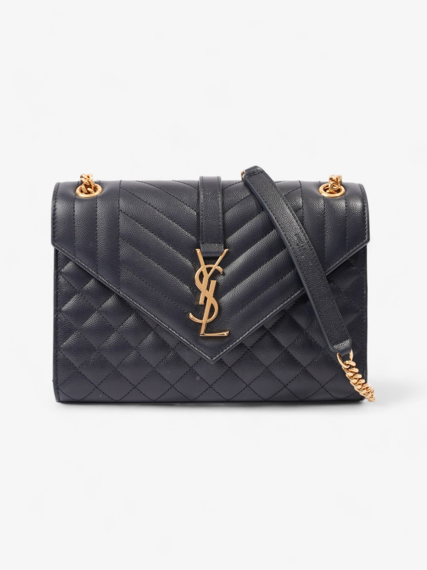 YSL Saint Laurent Envelope Grained Shoulder Bag Leather Blue Navy
