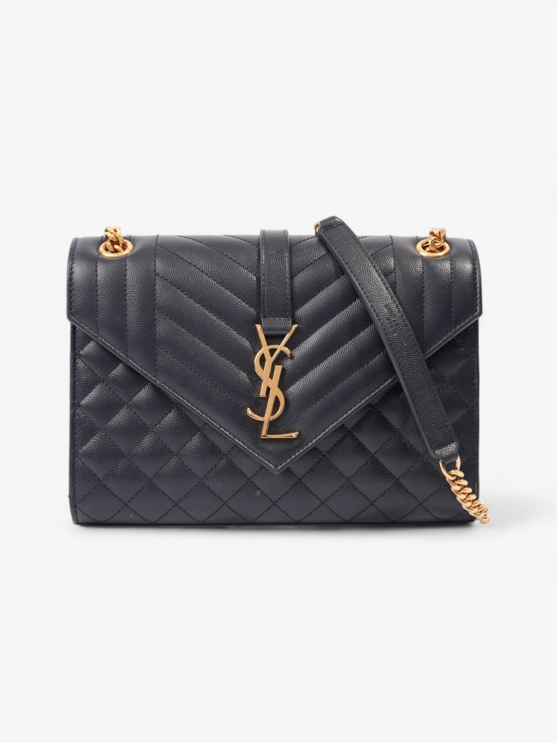 YSL Saint Laurent Envelope Grained Shoulder Bag Leather Blue Navy