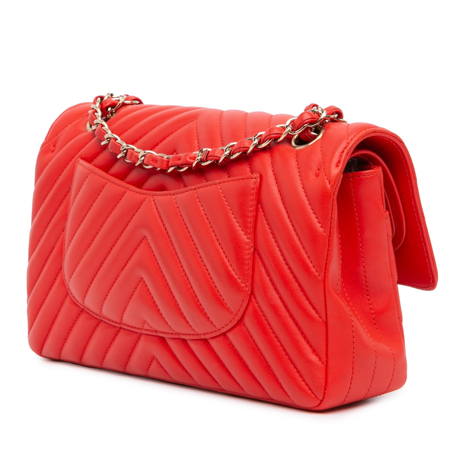Red Chanel Medium Classic Chevron Lambskin Double Flap Shoulder Bag