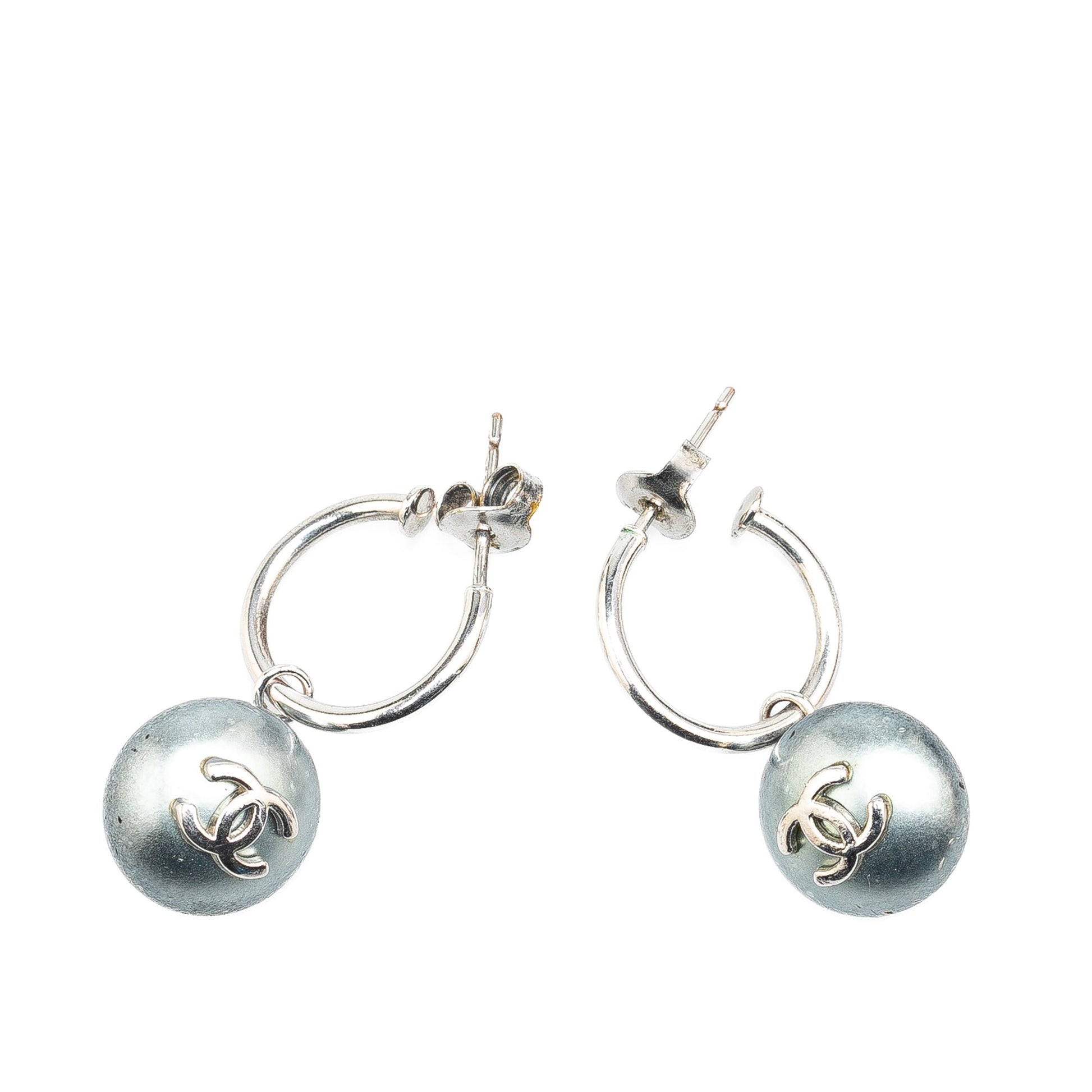 Silver Chanel Silver Swing Faux Pearl Push Back Earrings