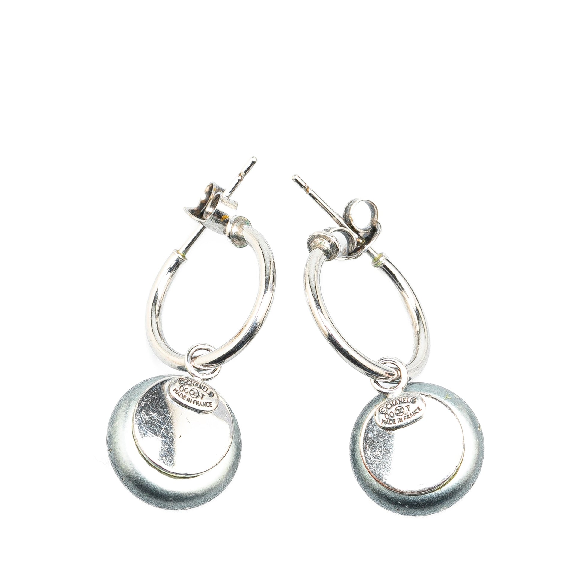 Silver Chanel Silver Swing Faux Pearl Push Back Earrings