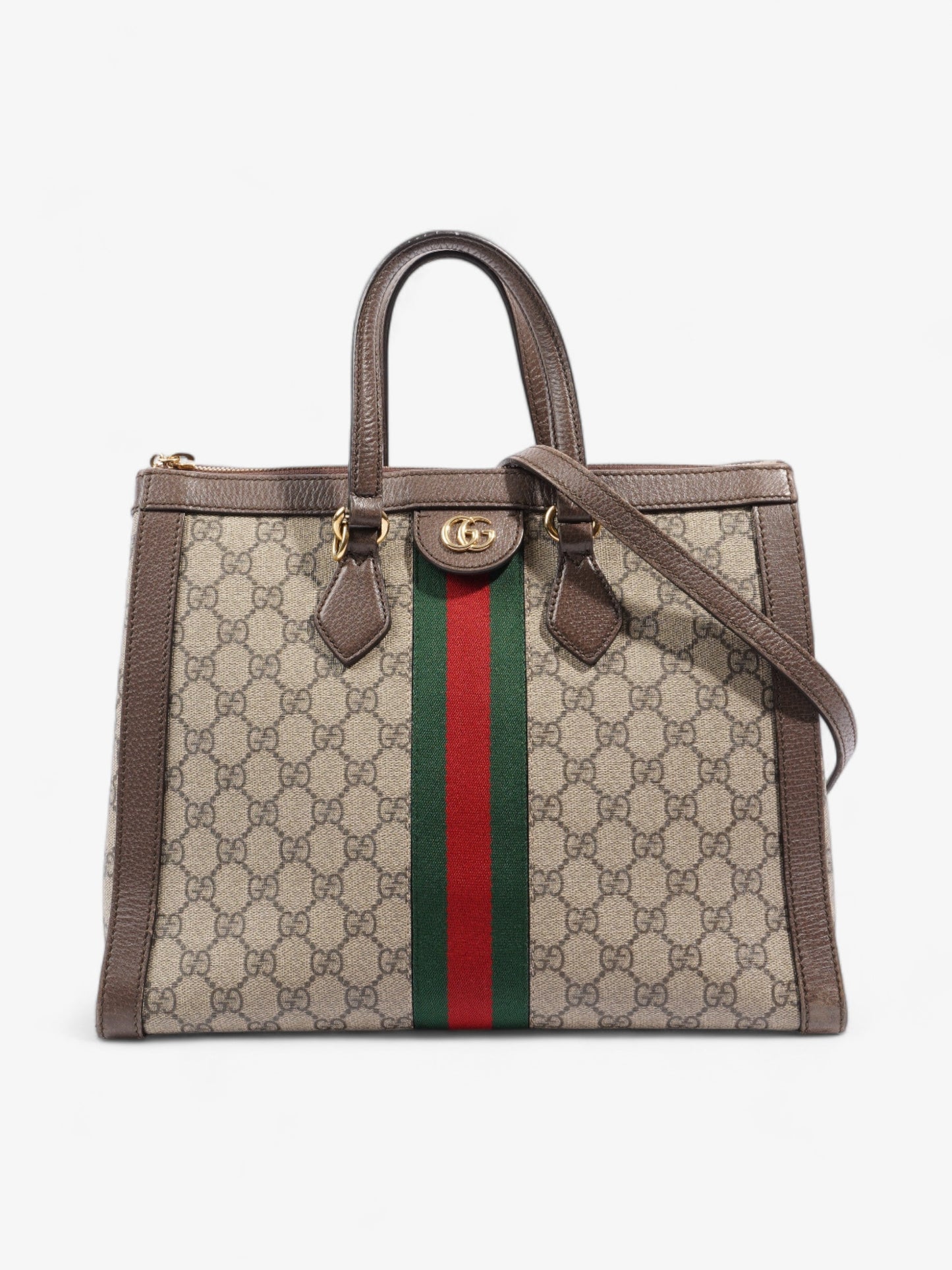 Gucci Ophidia And Ebony Supreme Stripe Coated Medium Canvas Brown Shoulder Bag