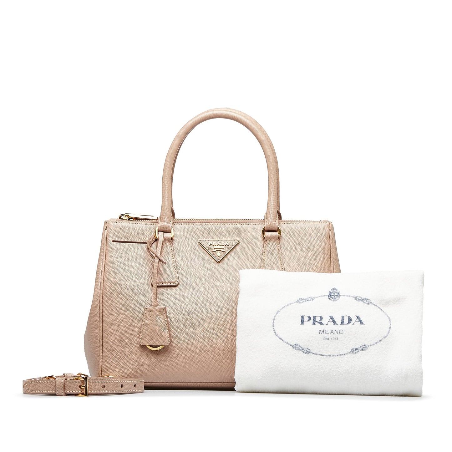 Prada Double Galleria Lux Luxury Handbag Saffiano Beige Zip Travel Bag