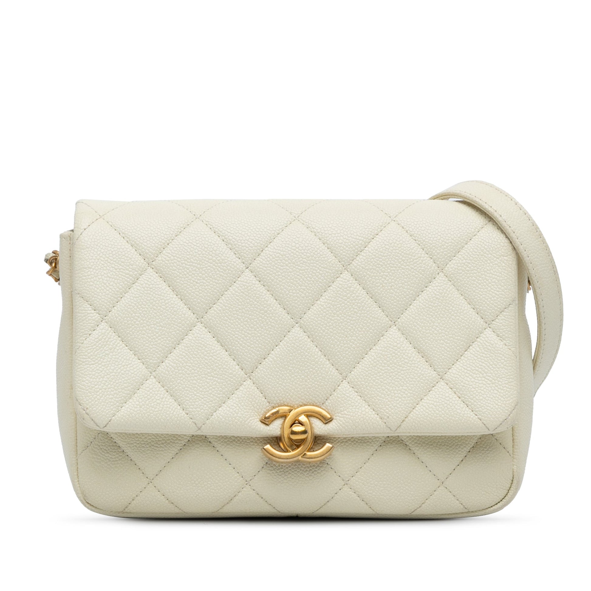White Chanel Small Quilted Caviar Chain Melody Flap Crossbody Bag