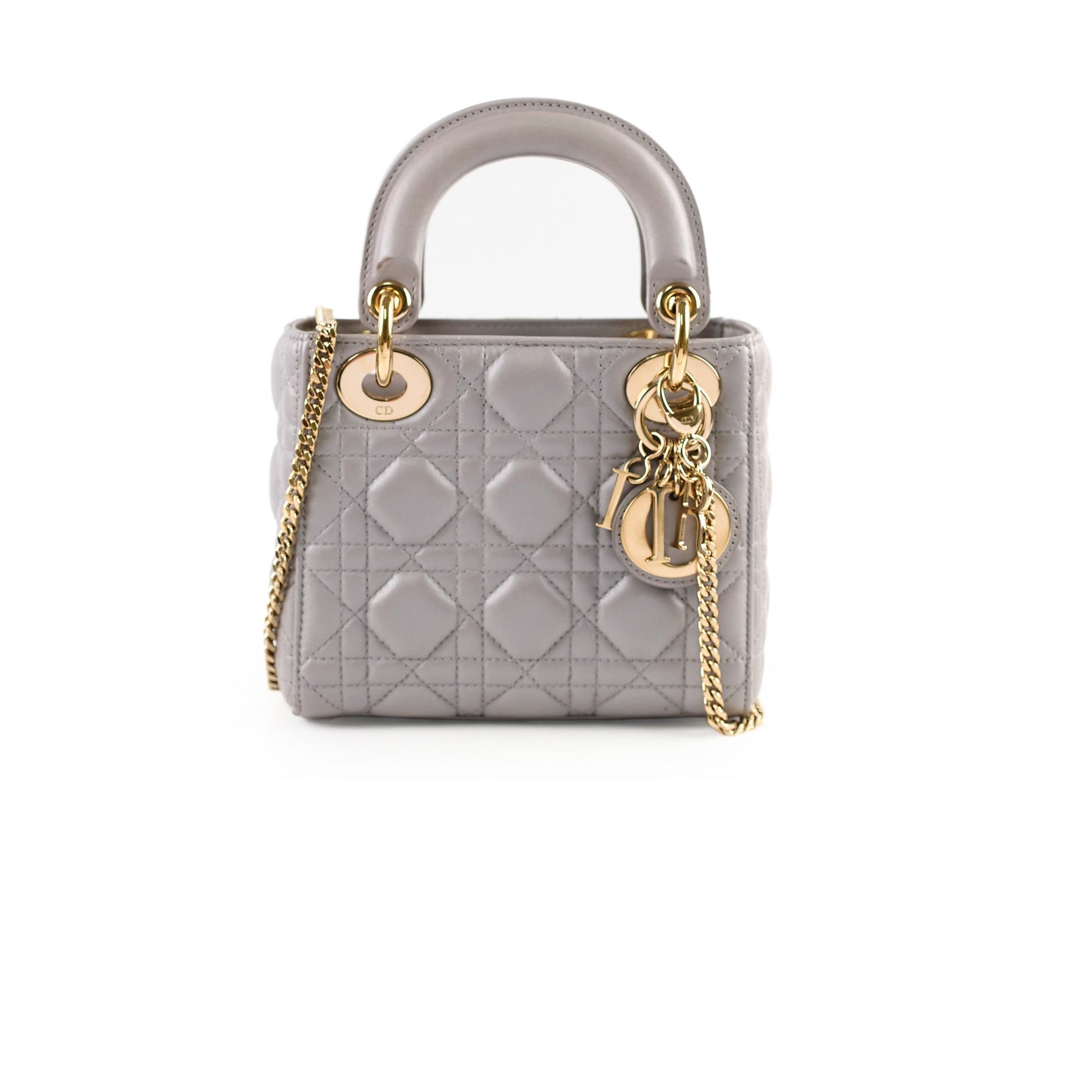 Dior Christian Lady Grey Metallic Crossbody Bag Lambskin Gray Mini