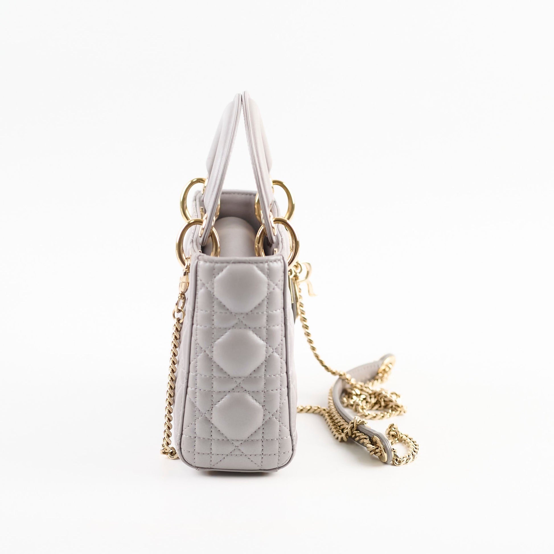 Dior Christian Lady Grey Metallic Crossbody Bag Lambskin Gray Mini