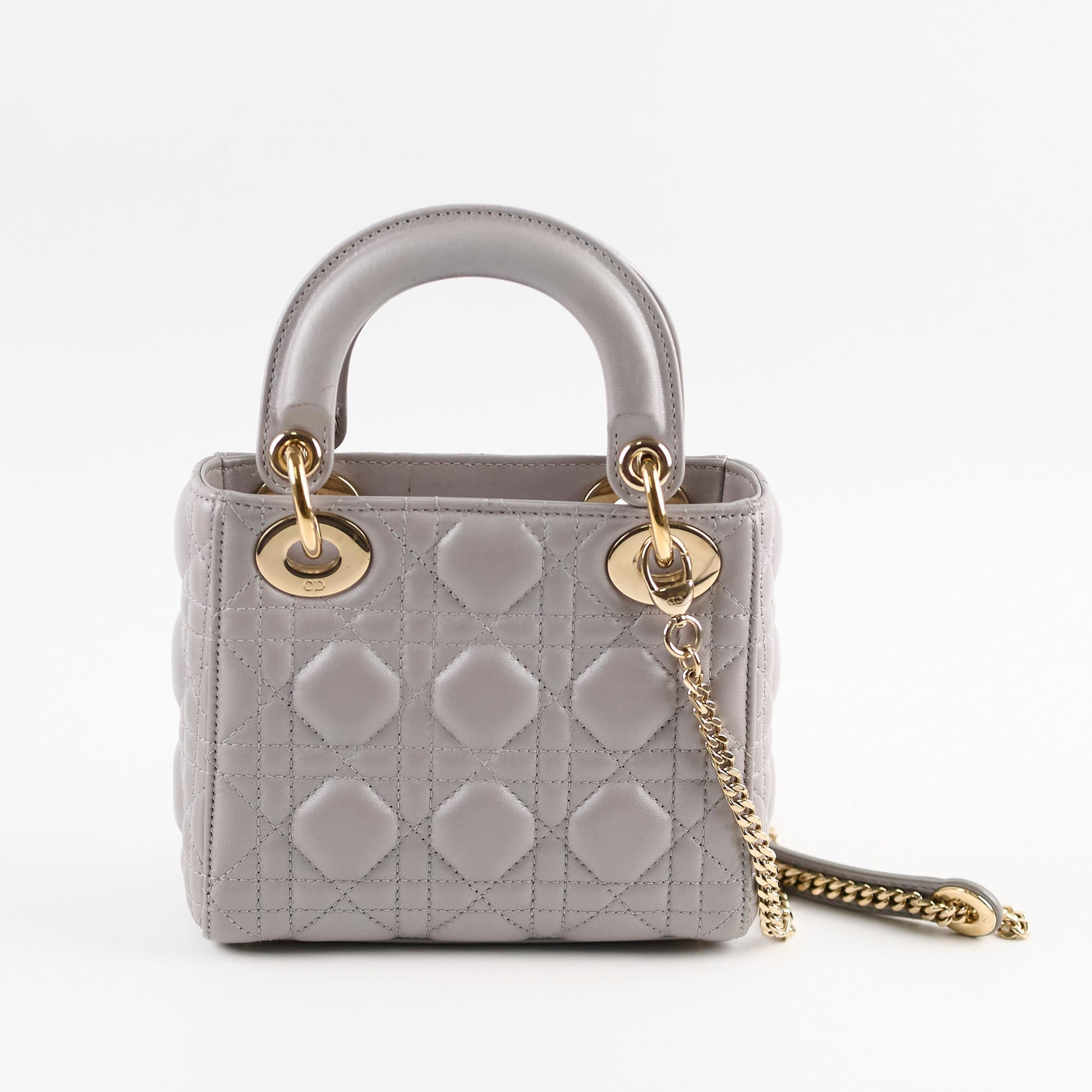 Dior Christian Lady Grey Metallic Crossbody Bag Lambskin Gray Mini