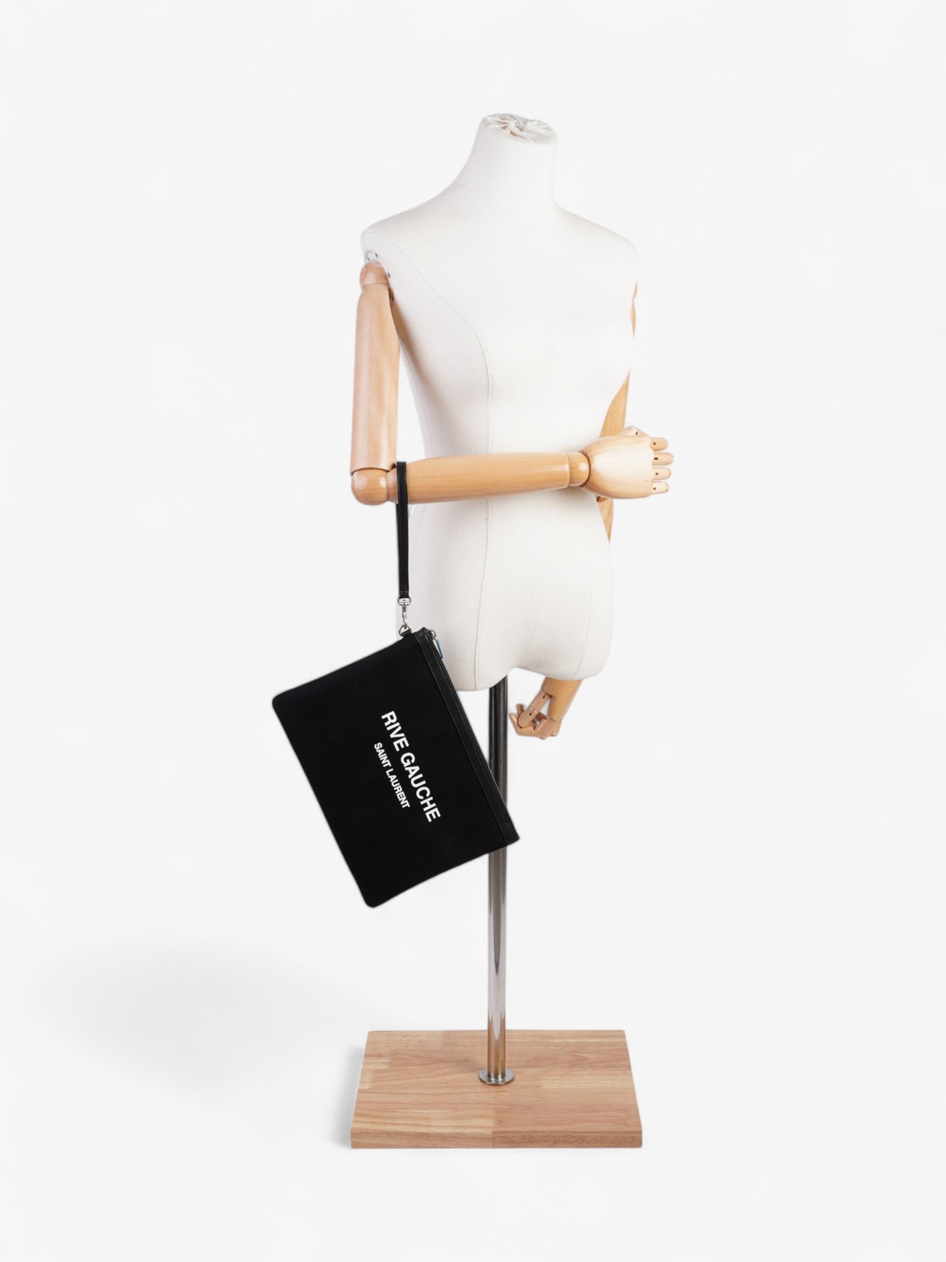 YSL Saint Laurent Rive Gauche Wristlet Clutch Bag Canvas Black White