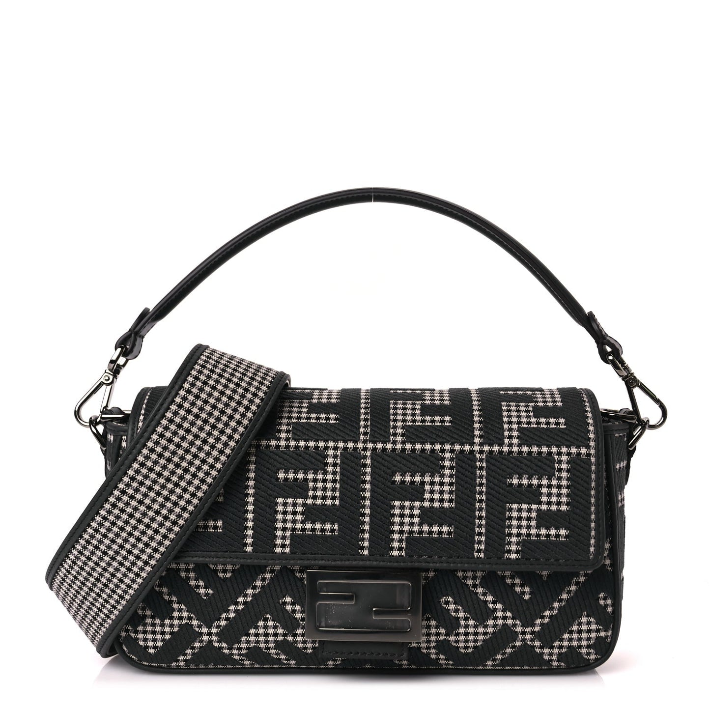 Fendi Handbag Wool King Houndstooth FF Baguette Grigio Anthracite Vitello Black Gray Shoulder Bag