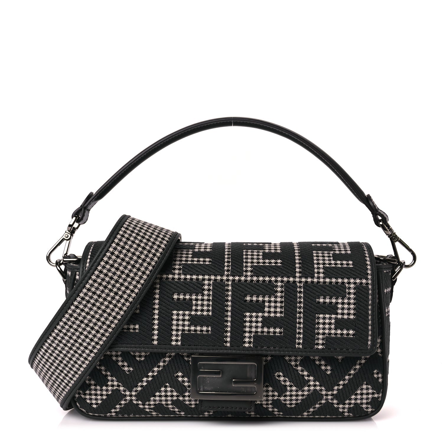 Fendi Handbag Wool King Houndstooth FF Baguette Grigio Anthracite Vitello Black Gray Shoulder Bag