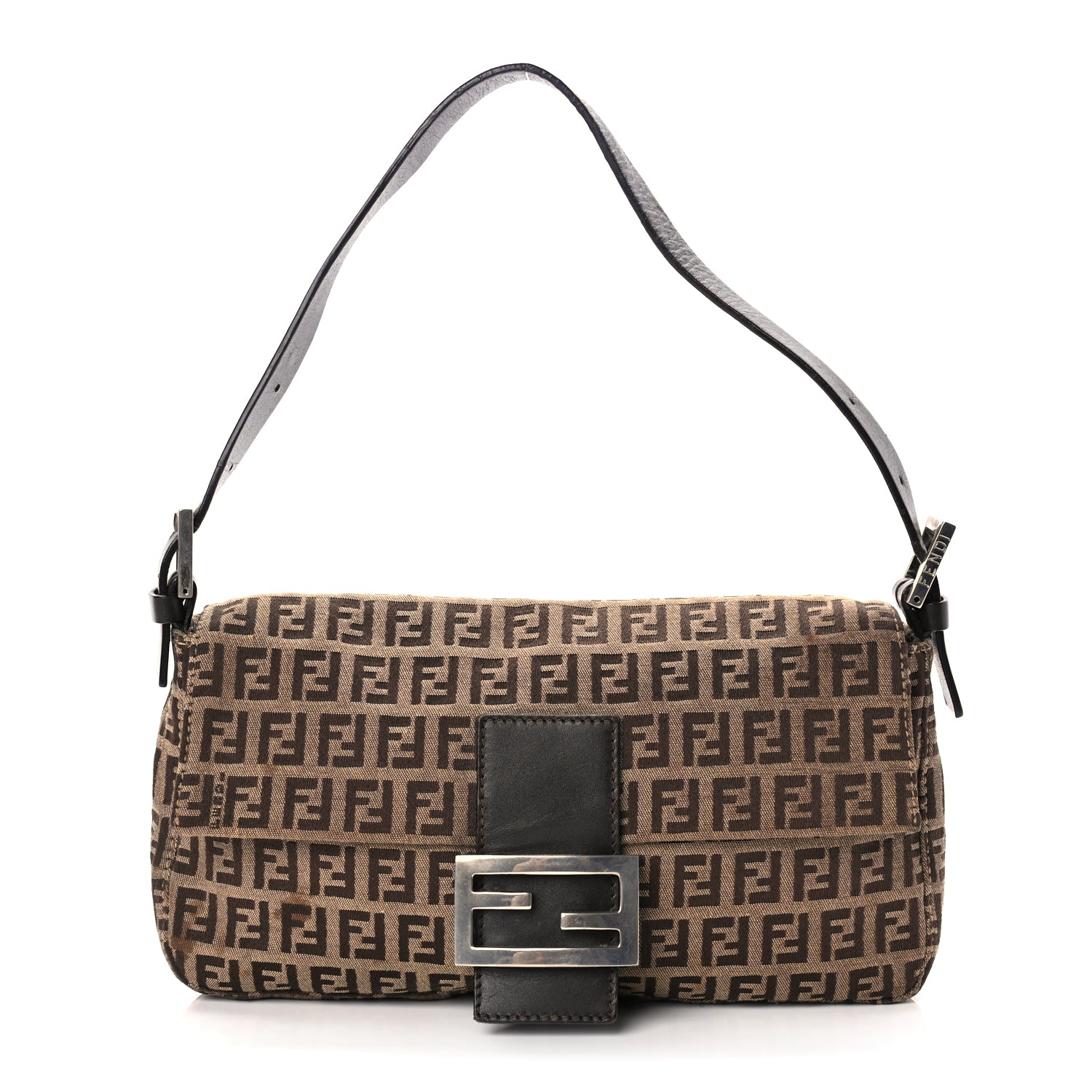 Fendi Handbag Zucchino Baguette Toro Mogano Panna Canvas Brown Shoulder Bag