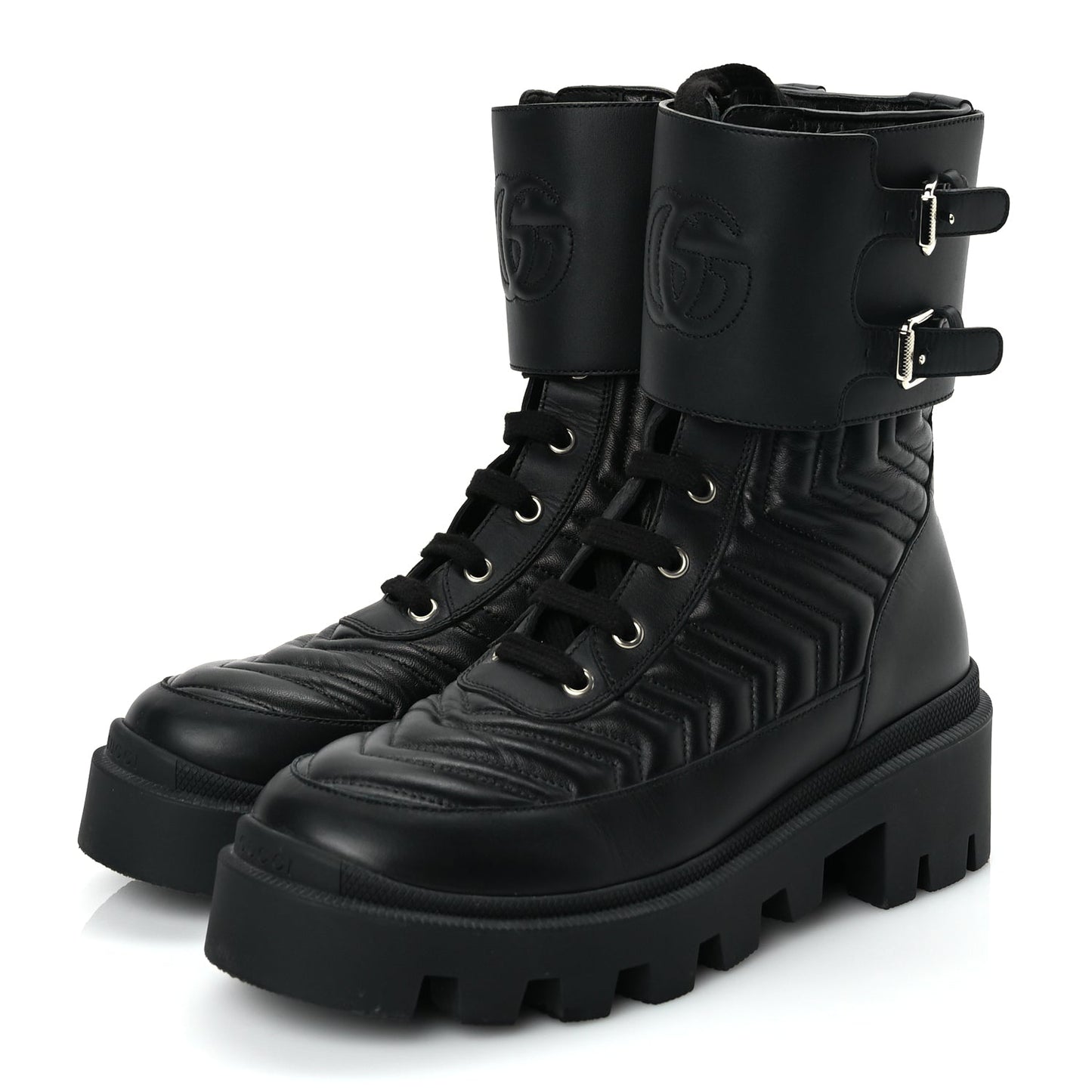 Gucci Nappa Frances GG Matelasse Platform Combat Boots 37 Black