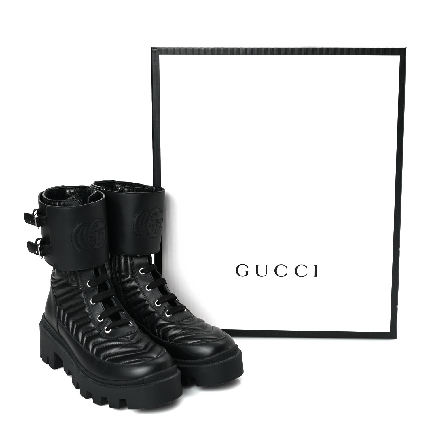 Gucci Nappa Frances GG Matelasse Platform Combat Boots 37 Black