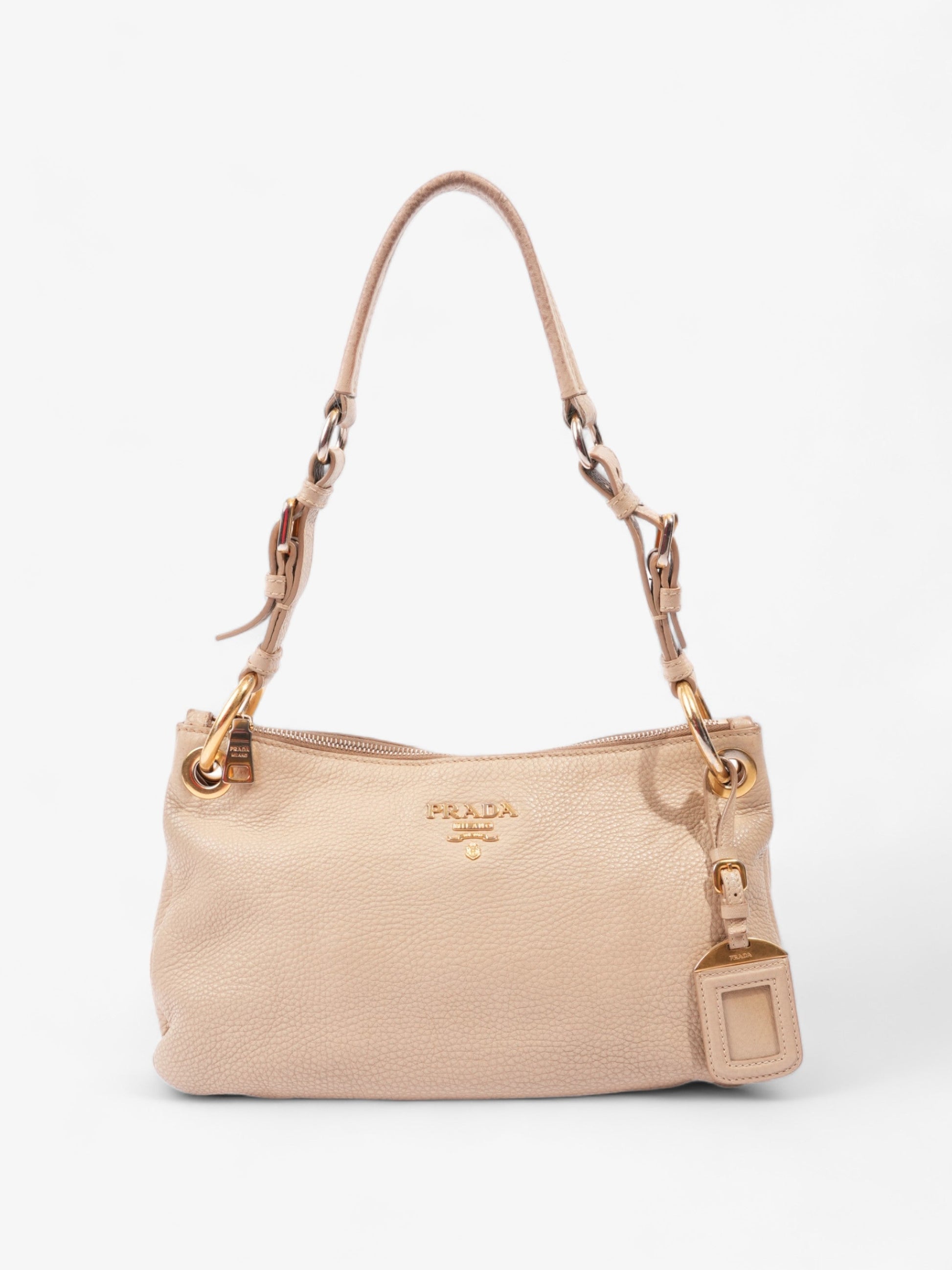 Prada Belted Zipped Shoulder Bag Leather Beige Medium